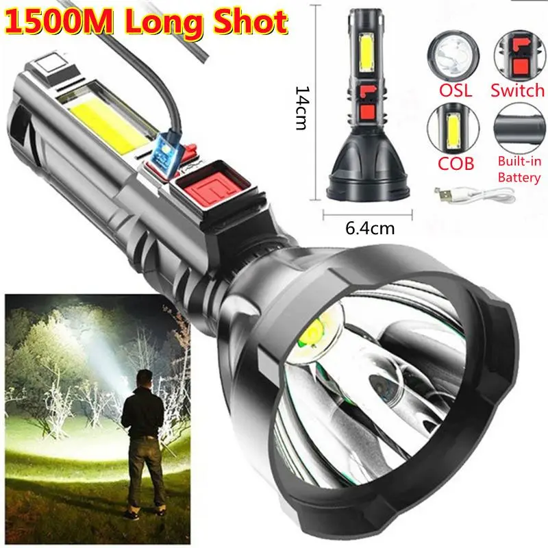 NEW Brightness OSL + COB Led Flashlight Powerful Spotlight Lighting Torch USB Rechargeable Waterproof Lantern Lamp Camping Hiking Fishing