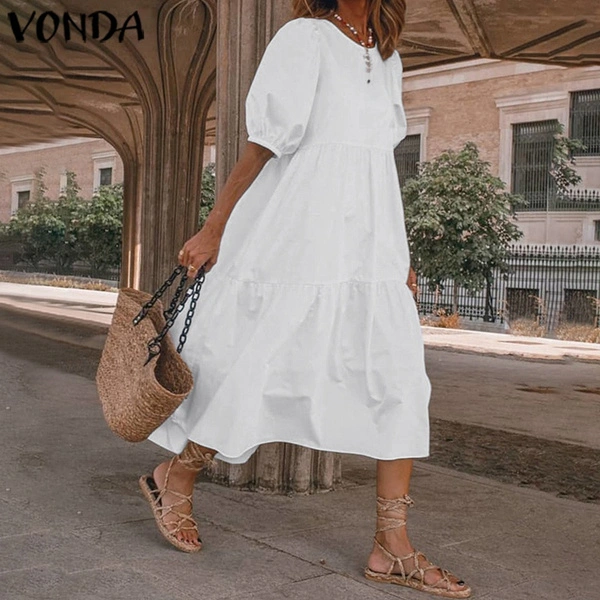 VONDA Plus Size Women Short Sleeve O Neck Solid Color Casual Loose Cotton Maxi Dress