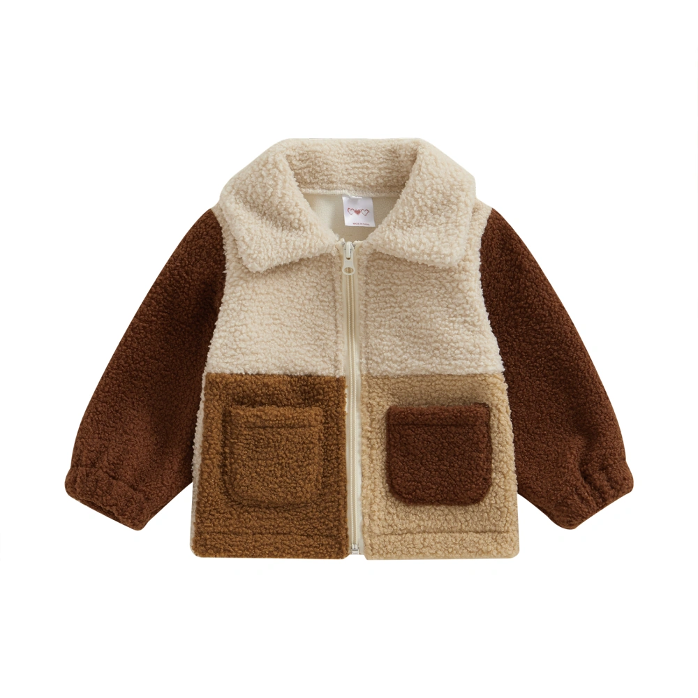 Toddler Girls Autumn Casual Coat Long Sleeve Lapel Zipper Closure Contrast Color Fuzzy Outerwear