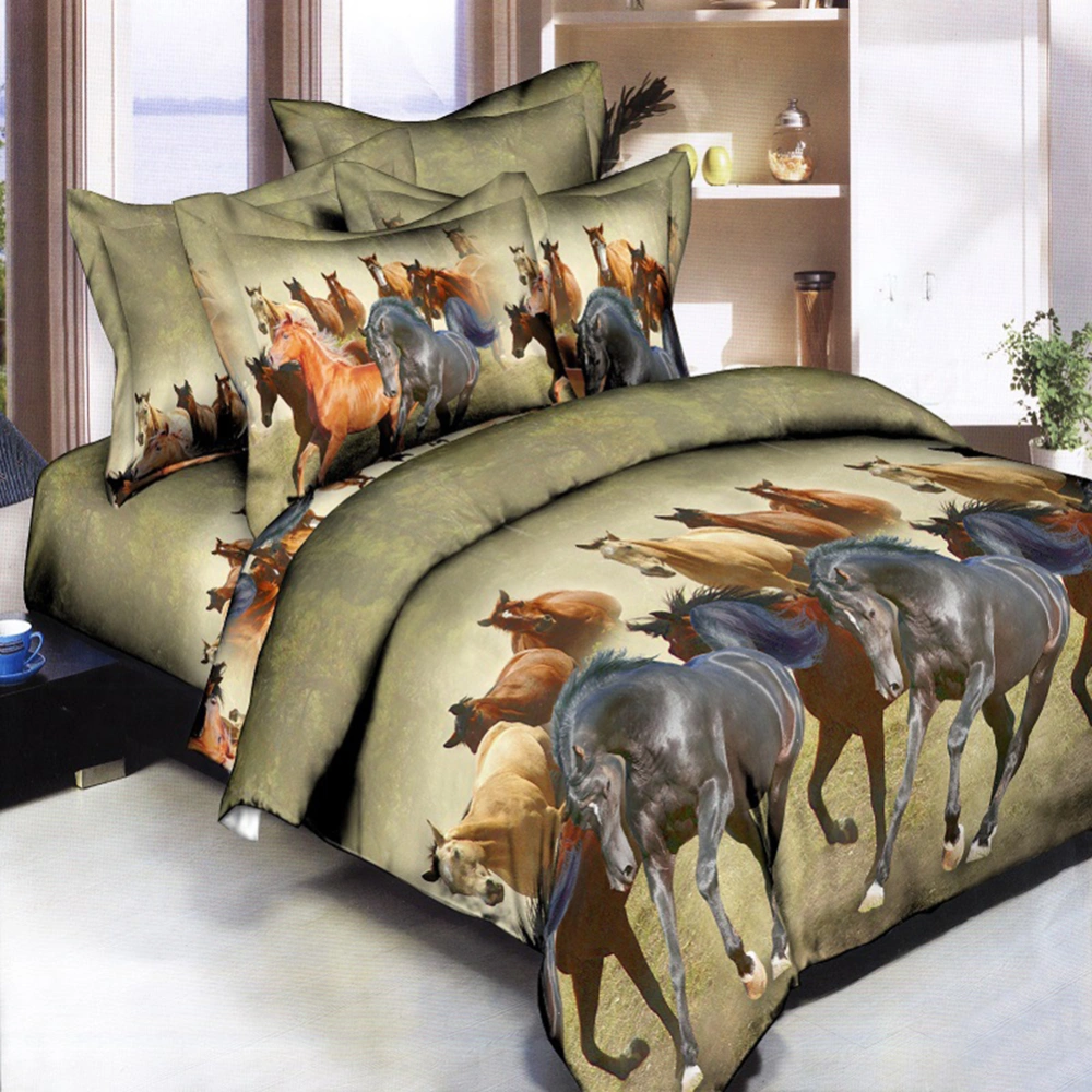 4Pcs 3D Holiday Horse Design Duvet Cover Throw Pillow Case Sheet Bedding Set