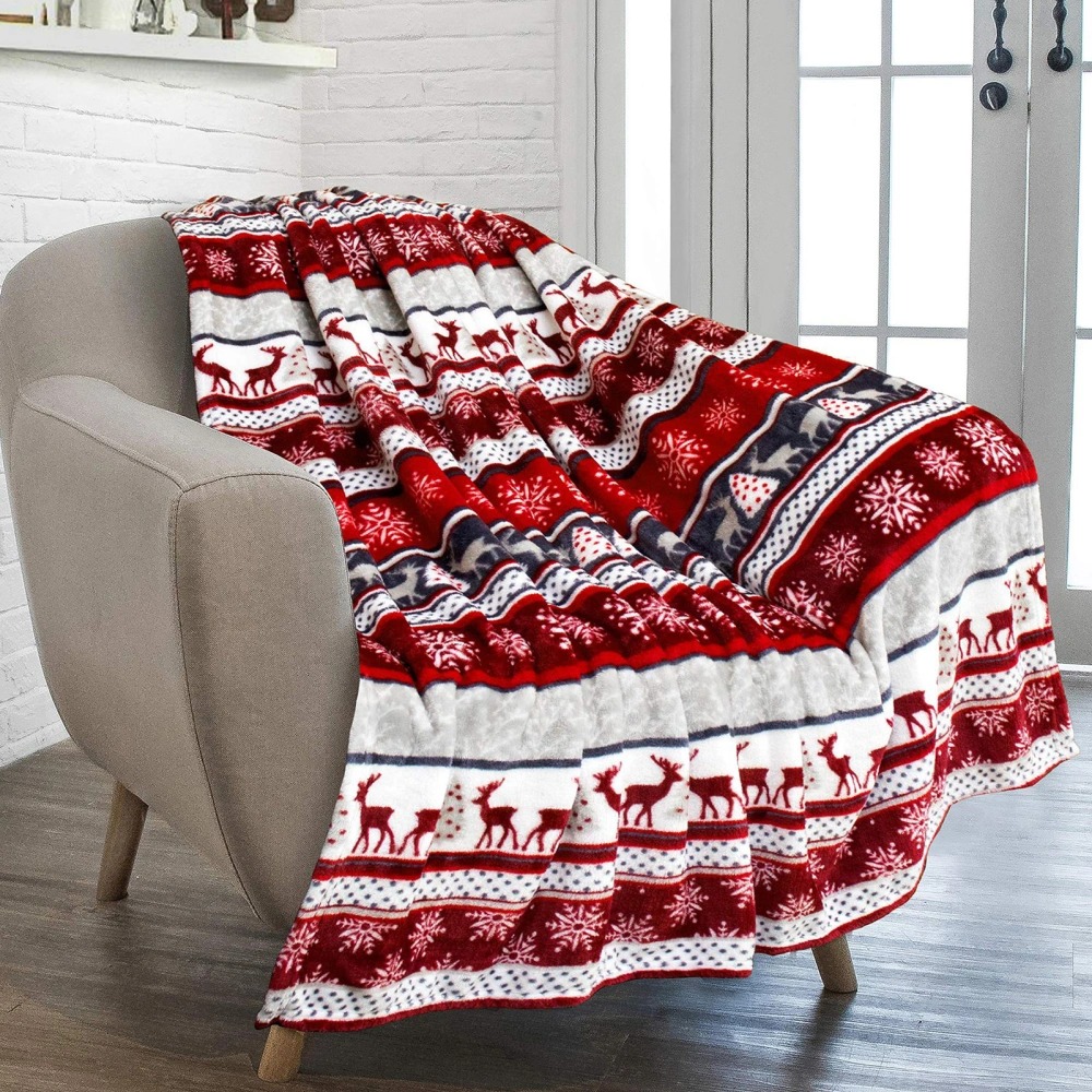 Christmas Blanket Snowflake Print Soft Cozy Plush Thicken Keep Warm Space Saving Elk Print Sofa Bed Blanket for Home