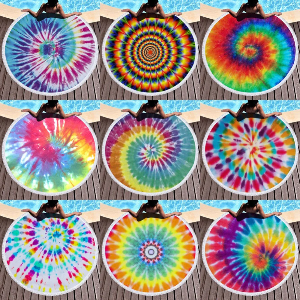 Round Swirl Rainbow Tassels Outdoor Summer Beach Carpet Yoga Mat Towel Shawl