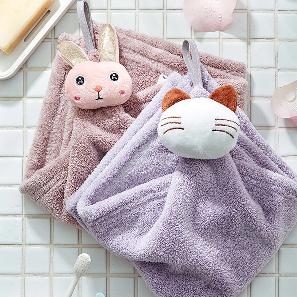 Hand Towel with Lanyard Comfortable Cartoon Coral Fleece Cute Rabbit Design Wall Hanging Towel Daily Use