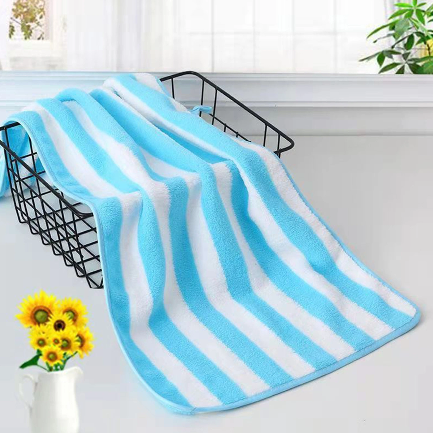 Bath Towel Super Soft Wide Striped Non-Fading Highly Absorbent Ultra-Thick Absorb Water Coral Velvet Thickened Bath Face Towel Washcloth Home Supplies