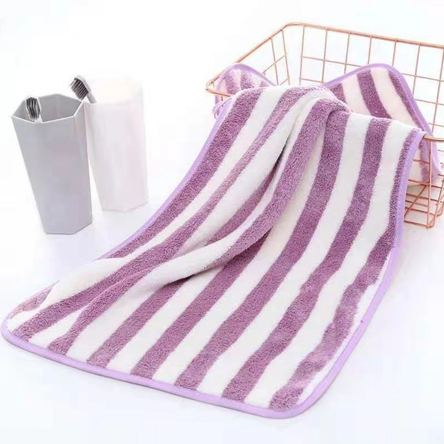 Bath Towel Super Soft Wide Striped Non-Fading Highly Absorbent Ultra-Thick Absorb Water Coral Velvet Thickened Bath Face Towel Washcloth Home Supplies