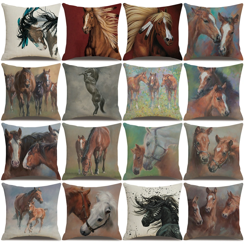 Realistic Horse Print Cotton Linen Square Cushion Cover Home Decor Pillow Case