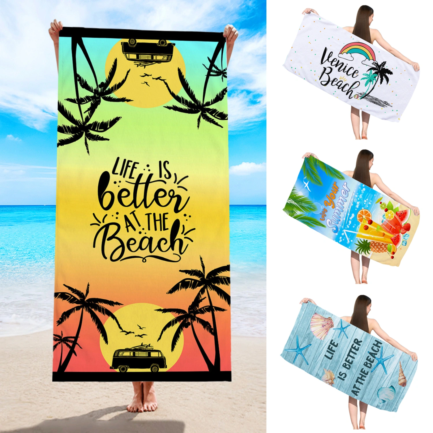 Beach Towel Quick Dry Water Absorbent Microfiber Tropical Scenery Printing Swimming Sun Protection Shawl Daily Use