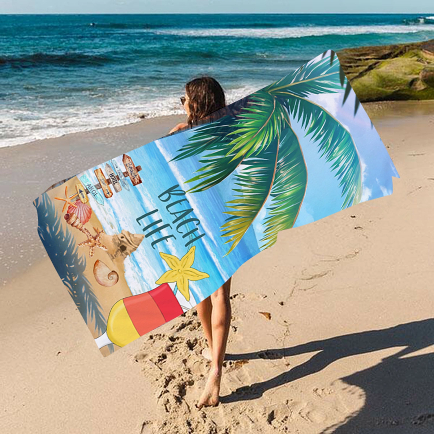 Beach Towel Quick Dry Water Absorbent Microfiber Tropical Scenery Printing Swimming Sun Protection Shawl Daily Use