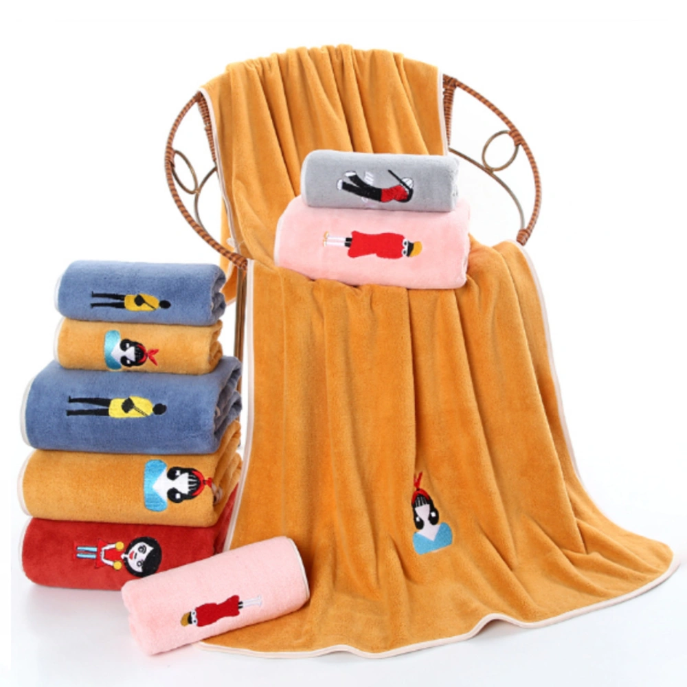 Shower Towel Soft Comfortable Cartoon Embroidery Highly Absorbent Quick Drying Multipurpose Coral Fleece Washable Sensitive Skin Hand Towel for Dorm