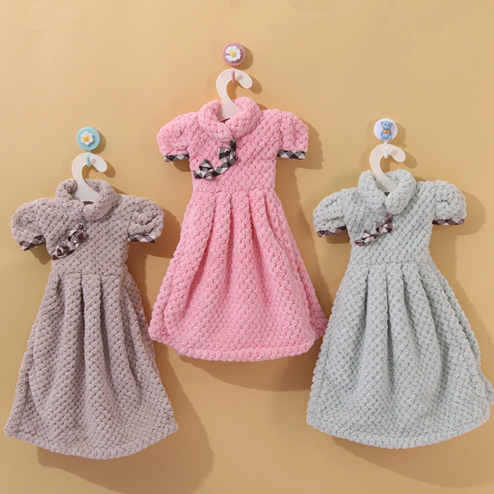 Hand Towel with Hanger Dress Shape Soft Super Absorbent Dishcloth Wipe Hands Reusable Kitchen Bathroom Wipe Towel Cloth Home Supplies