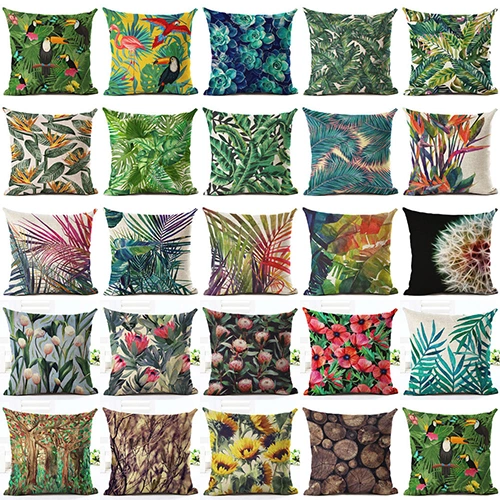 Tropical Green Plant Leaves Flower Linen Cushion Cover Pillow Case Home Decor