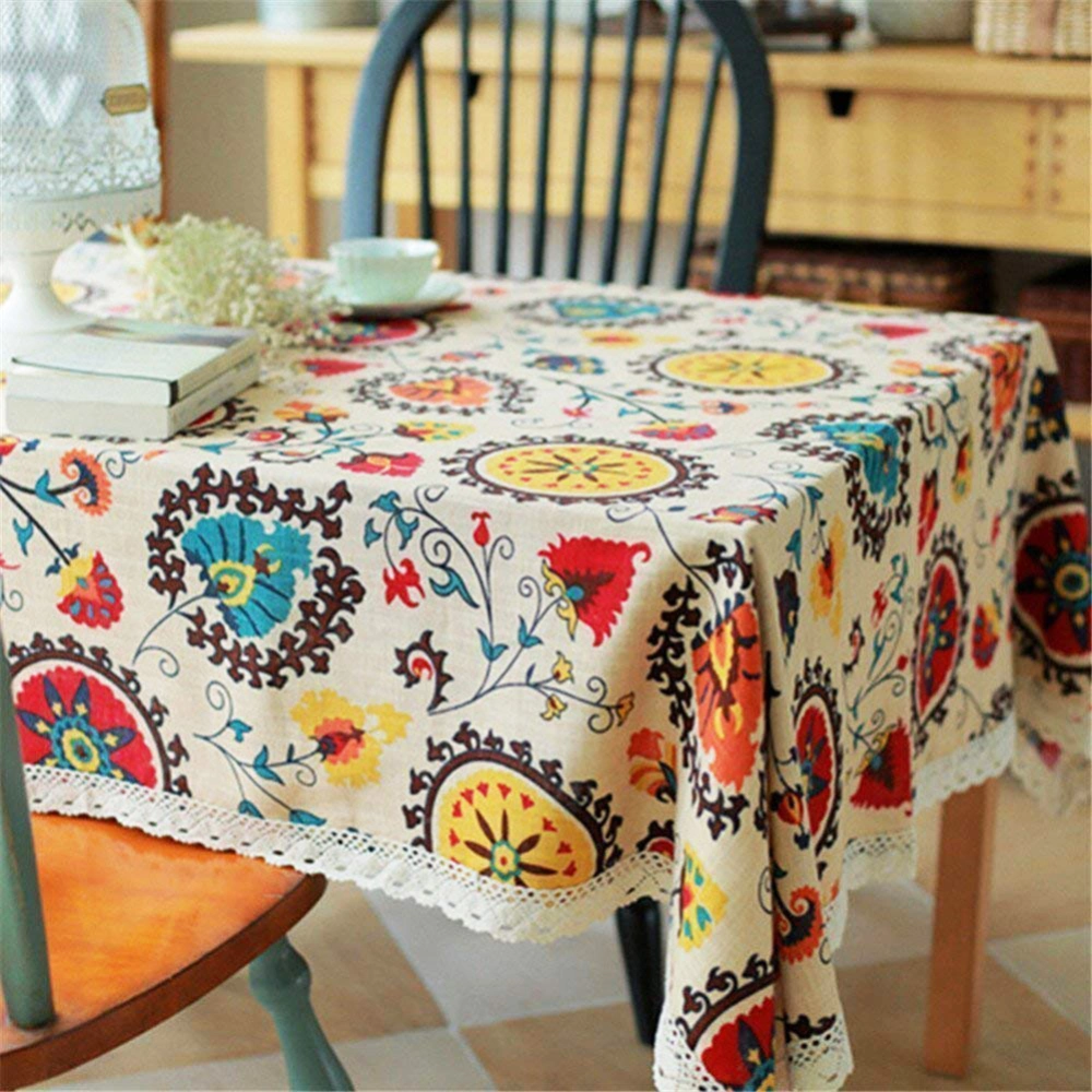 Retro Sunflower Pattern Lace Cotton Linen Fabric Tablecloth Table Cover Decor