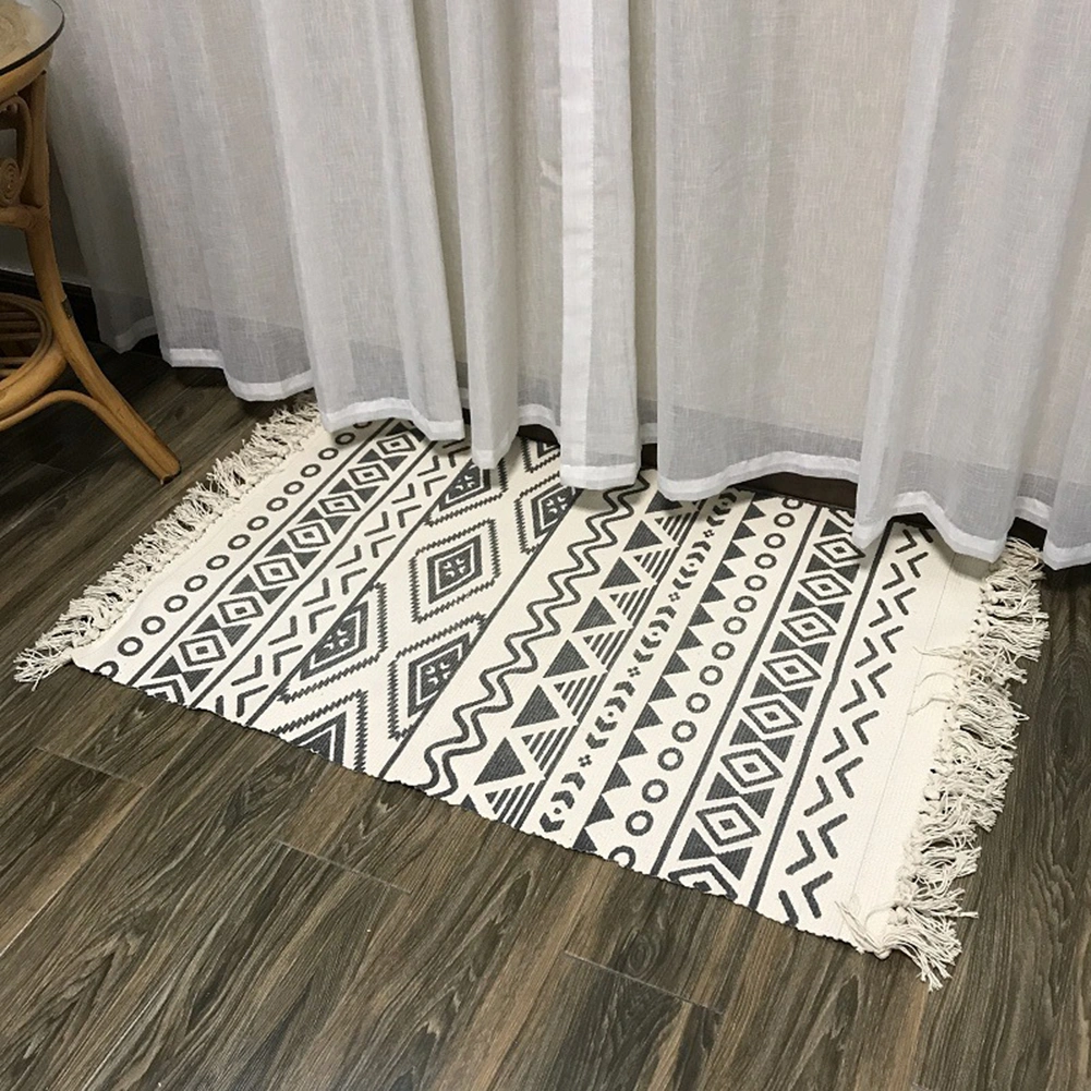 Retro Cotton Linen Tassel Woven Carpets Floor Rugs Prayer Mattress for Bedroom