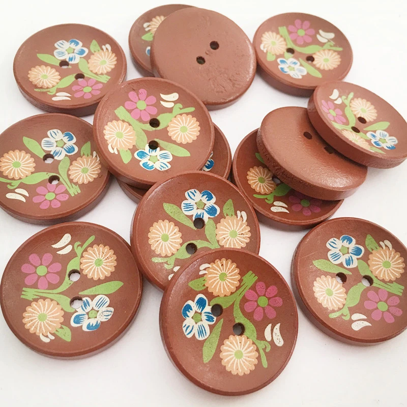 Brown Wooden Buttons With Floral Patterns