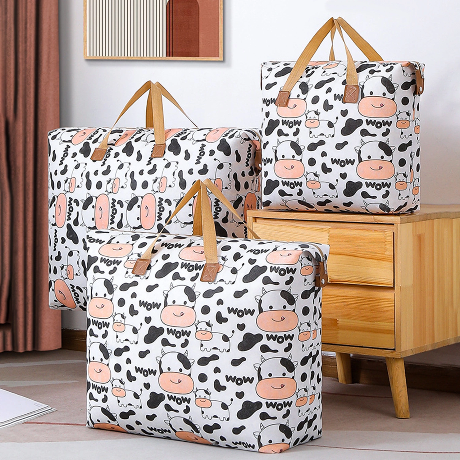 Quilt Storage Bag Large Capacity Reinforced Handle Breathable Fabric Dustproof Zipper Closure Item Storage Wear Resistant Cartoon Cow Printing Blanket Storage Bag Household Supplies