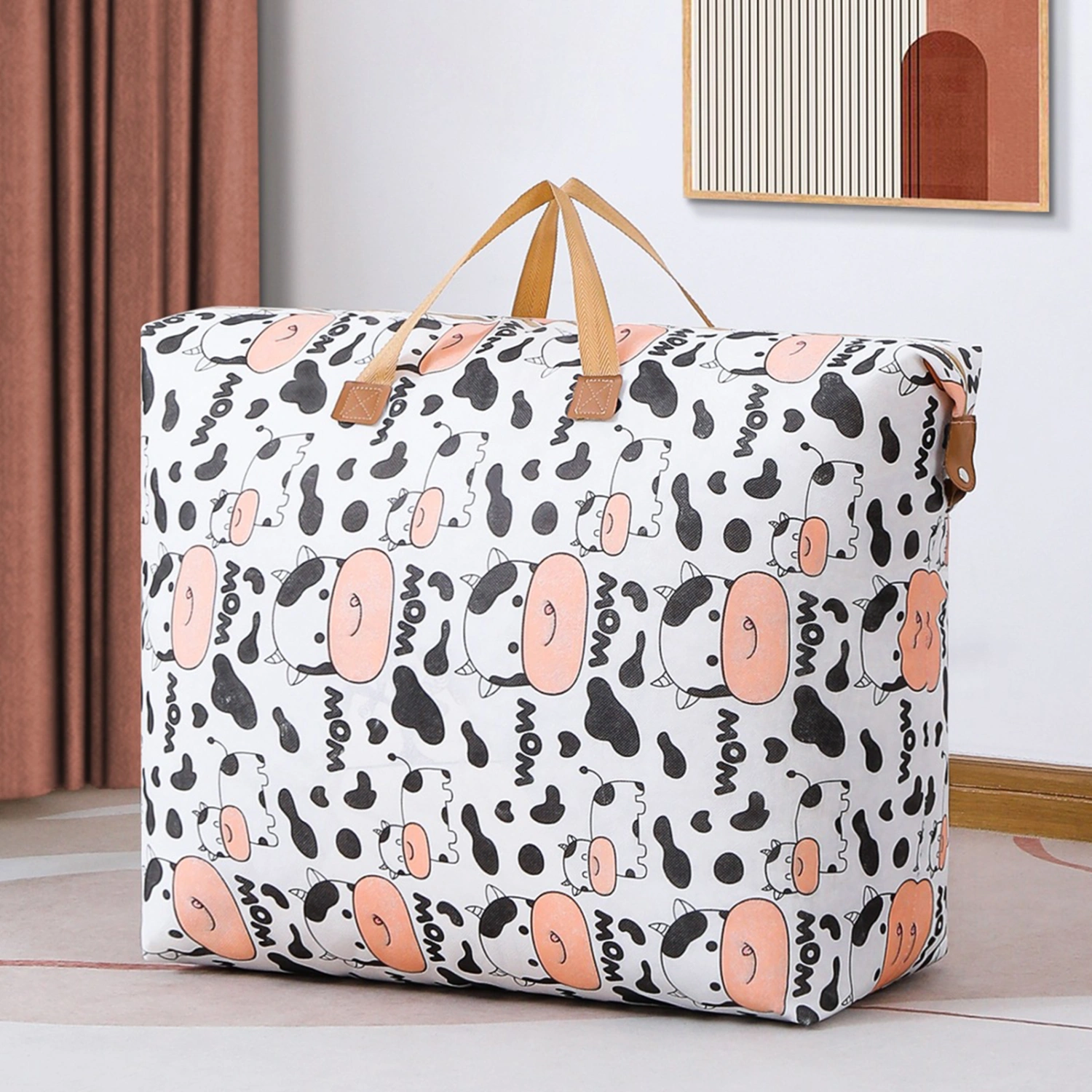 Quilt Storage Bag Large Capacity Reinforced Handle Breathable Fabric Dustproof Zipper Closure Item Storage Wear Resistant Cartoon Cow Printing Blanket Storage Bag Household Supplies