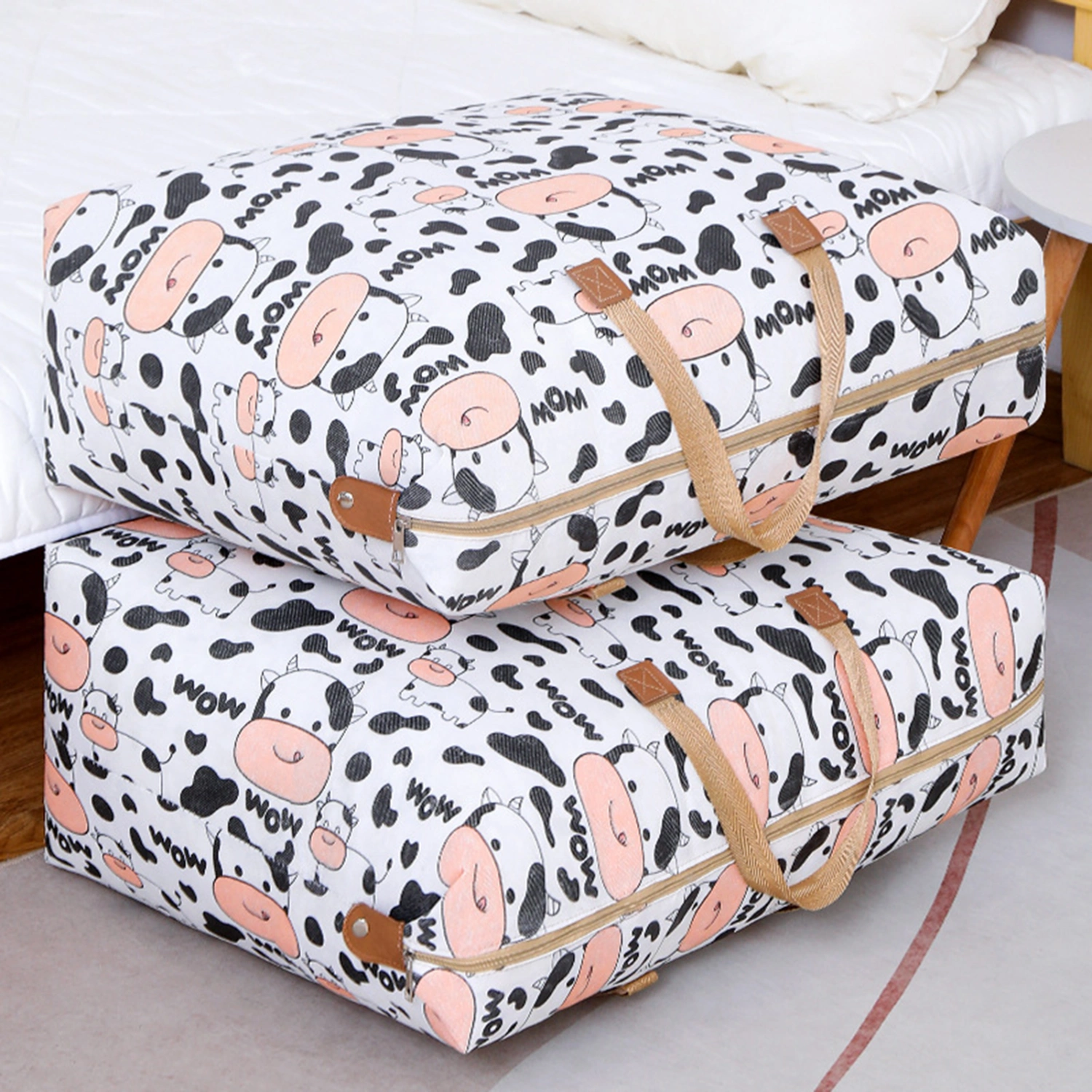 Quilt Storage Bag Large Capacity Reinforced Handle Breathable Fabric Dustproof Zipper Closure Item Storage Wear Resistant Cartoon Cow Printing Blanket Storage Bag Household Supplies