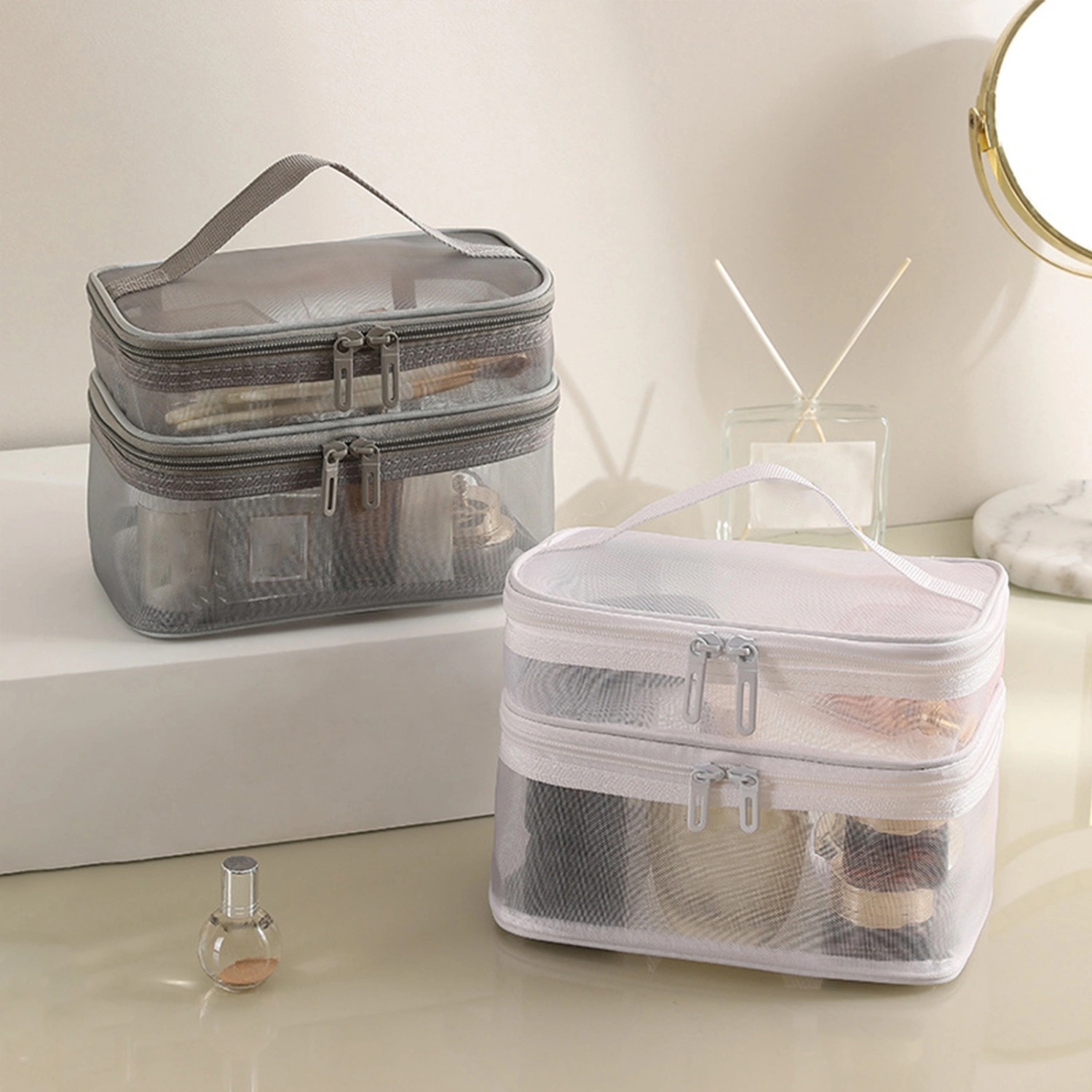 Makeup Bag Double-layer Large Capacity Smooth Zipper Portable Handle Multi-functional Storage Transparent Travel Toiletry Makeup Bag Women Accessories