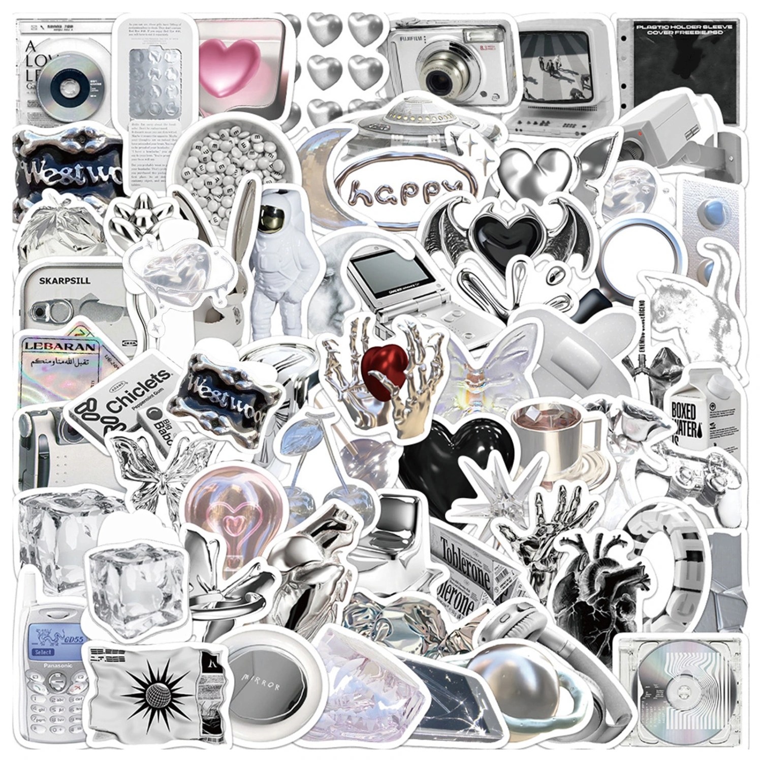 66Pcs Graffiti Stickers Various Aesthetic Simple Style Silver Color Cute Decals DIY Vinyl Art Waterproof Suitcase Laptop Water Bottle Guitar Cartoon Stickers Children Gift