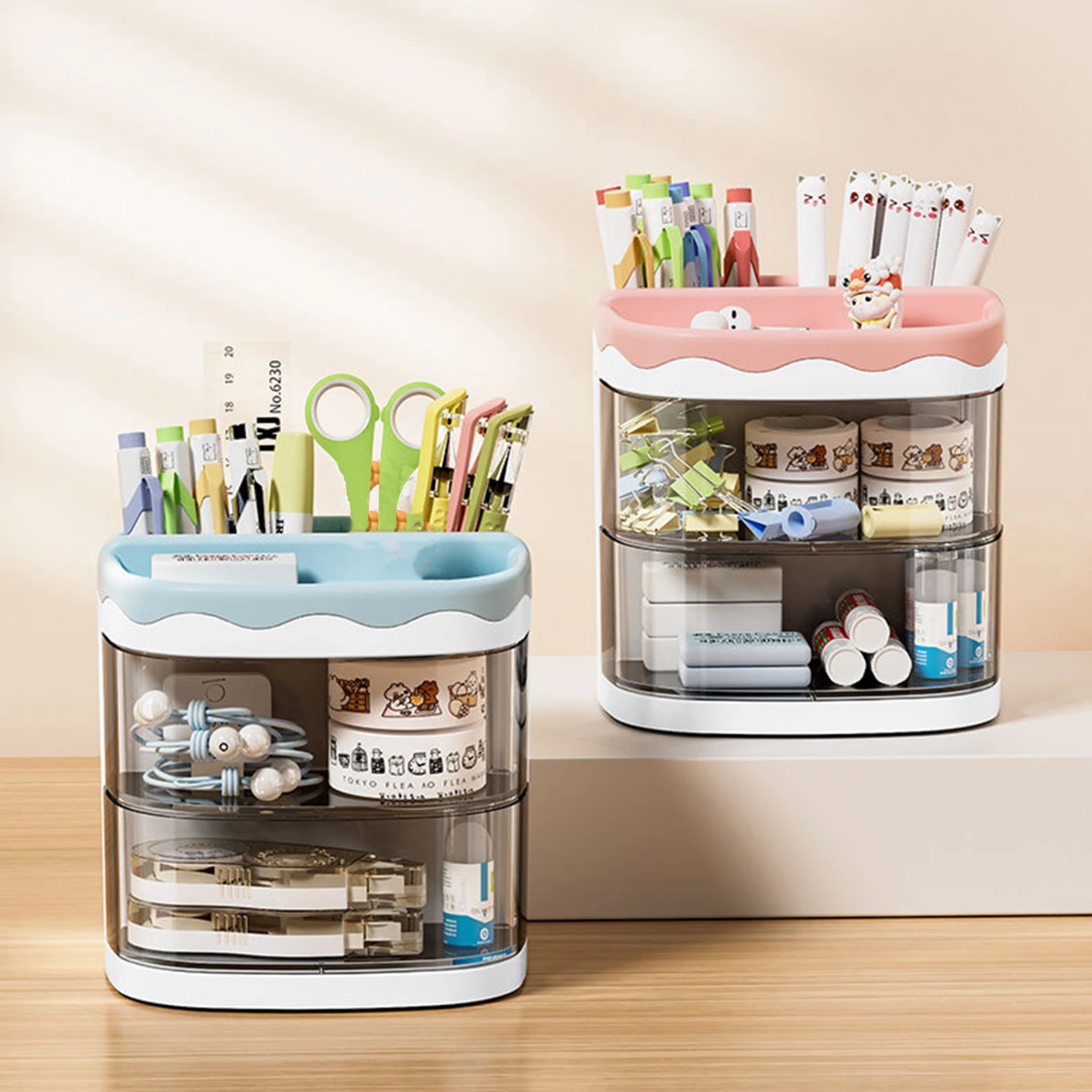 Stationery Box Multiple Grids Drawer Design Rotating Access Top Shelf Weight Capacity Transparent Visible Pen Organizer Desktop Supply