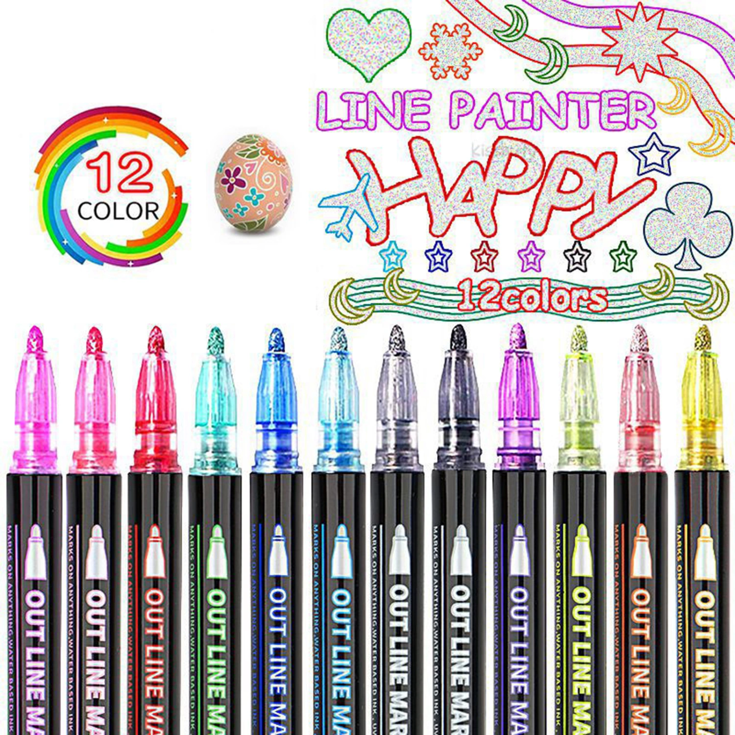 12Pcs Double Line Outline Pens Different Colors Self-Outline Metallic Markers Glitter Writing Drawing Pens DIY Art Greeting Card Outline Pens