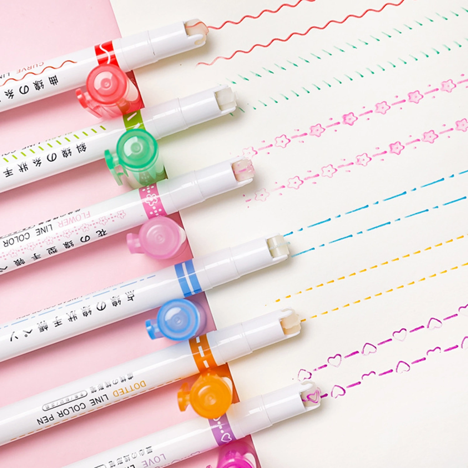 6Pcs Flowers Line Shaped Highlighter Pens Roller Tip Curve Liner Marker Quick Drying Smooth Writing Stationery Multi Color Marking Pen