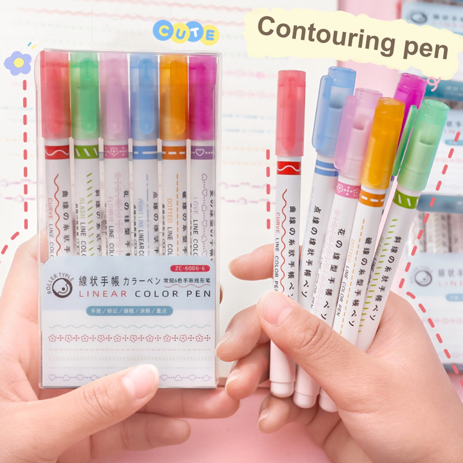 6Pcs Flowers Line Shaped Highlighter Pens Roller Tip Curve Liner Marker Quick Drying Smooth Writing Stationery Multi Color Marking Pen