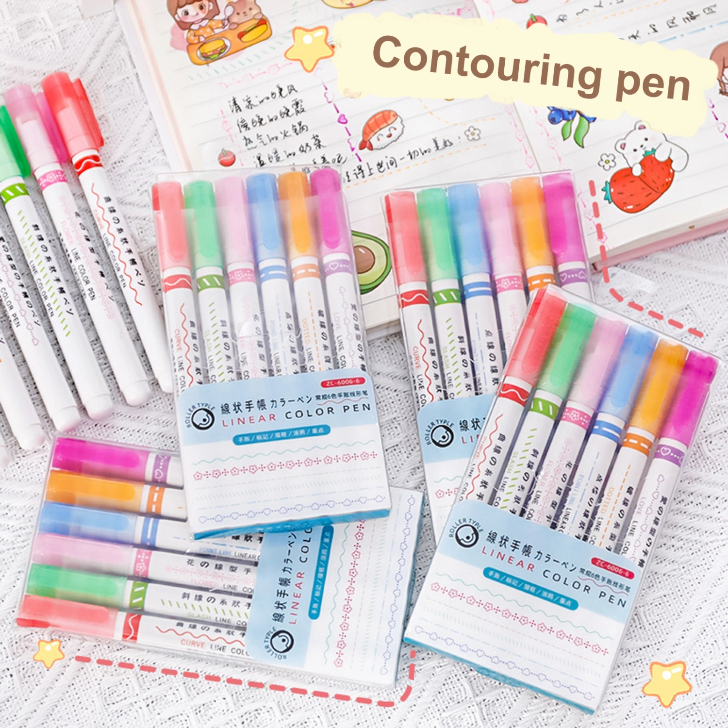 6Pcs Flowers Line Shaped Highlighter Pens Roller Tip Curve Liner Marker Quick Drying Smooth Writing Stationery Multi Color Marking Pen