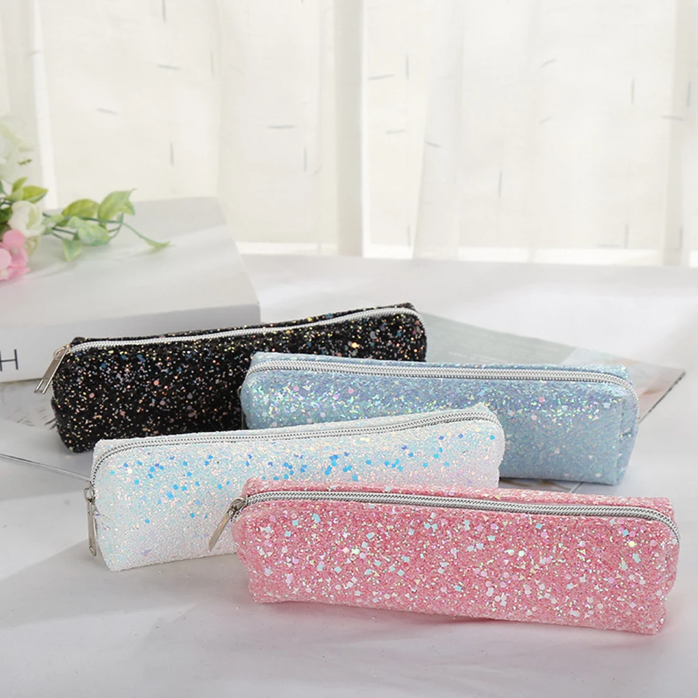 Pencil Case Large Capacity Smooth Zipper Stylish Glitter Sequin Stationery Storage Pouch School Supplies