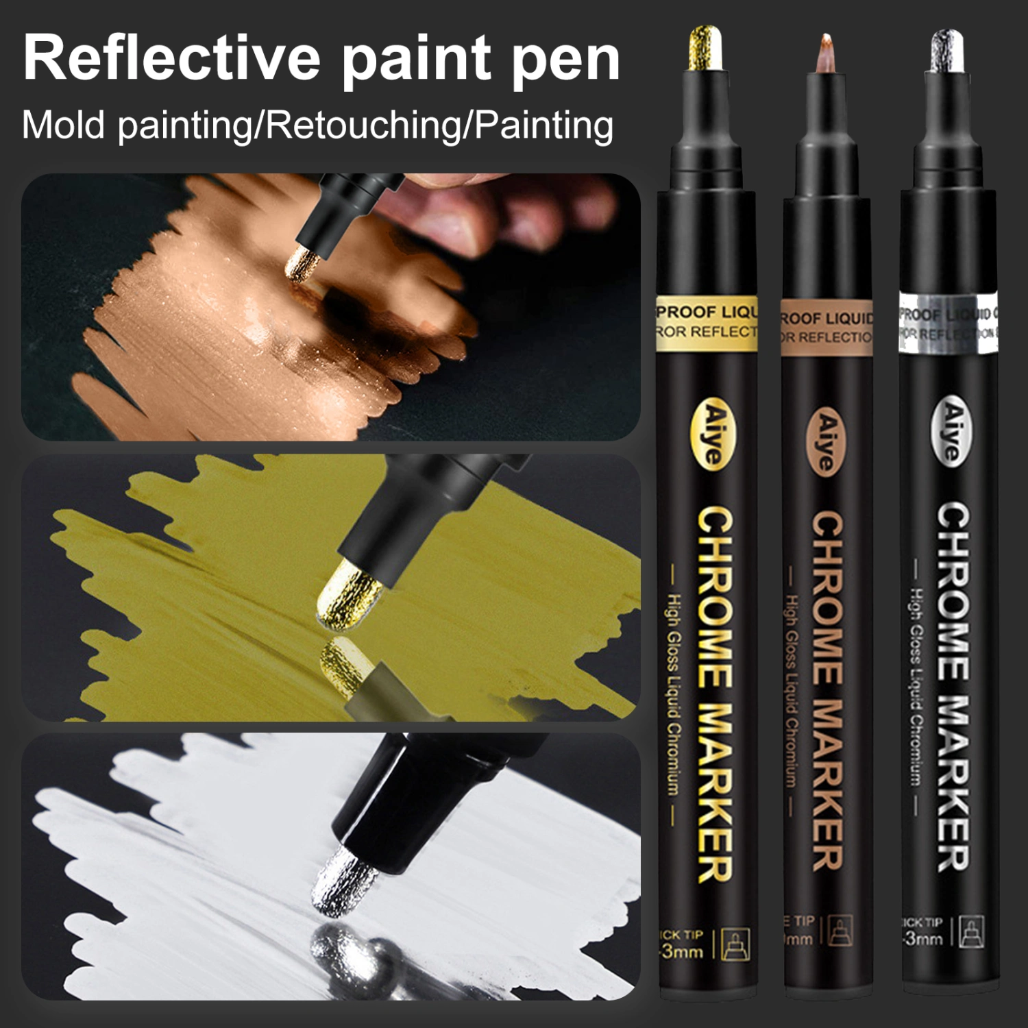 3Pcs Mirror Chrome Marker Pen Golden Silver Color Bronze Waterproof Model Painting Marking DIY Art Projects Reflective Permanent Metallic Liquid Paint Pen Home Supplies