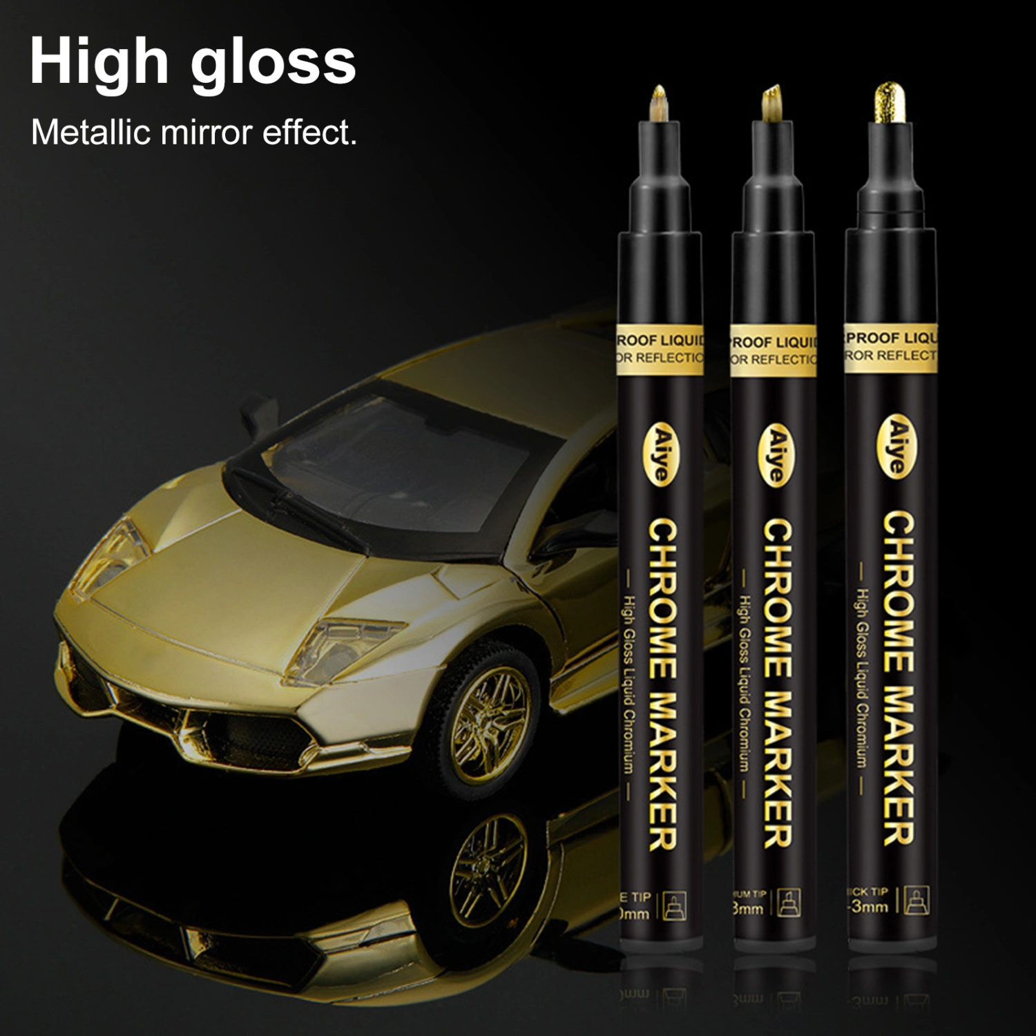 3Pcs Mirror Chrome Marker Pen Golden Silver Color Bronze Waterproof Model Painting Marking DIY Art Projects Reflective Permanent Metallic Liquid Paint Pen Home Supplies
