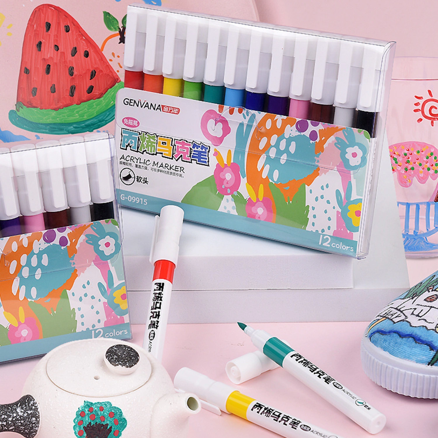 12 Color/Set Acrylic Marker Washable Water-based Paint Marker Soft Head Smooth Writing Assorted Color Marker for Students