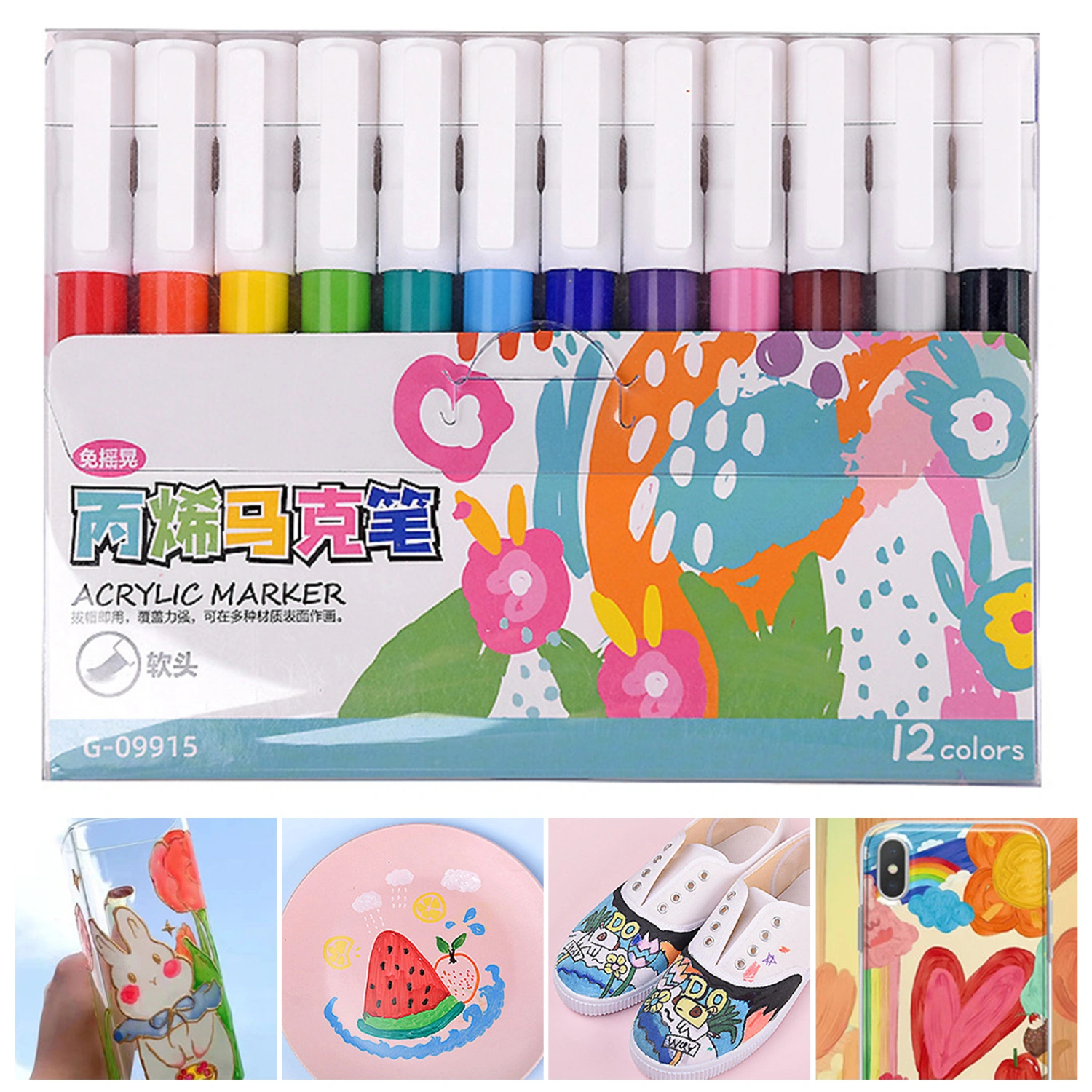 12 Color/Set Acrylic Marker Washable Water-based Paint Marker Soft Head Smooth Writing Assorted Color Marker for Students