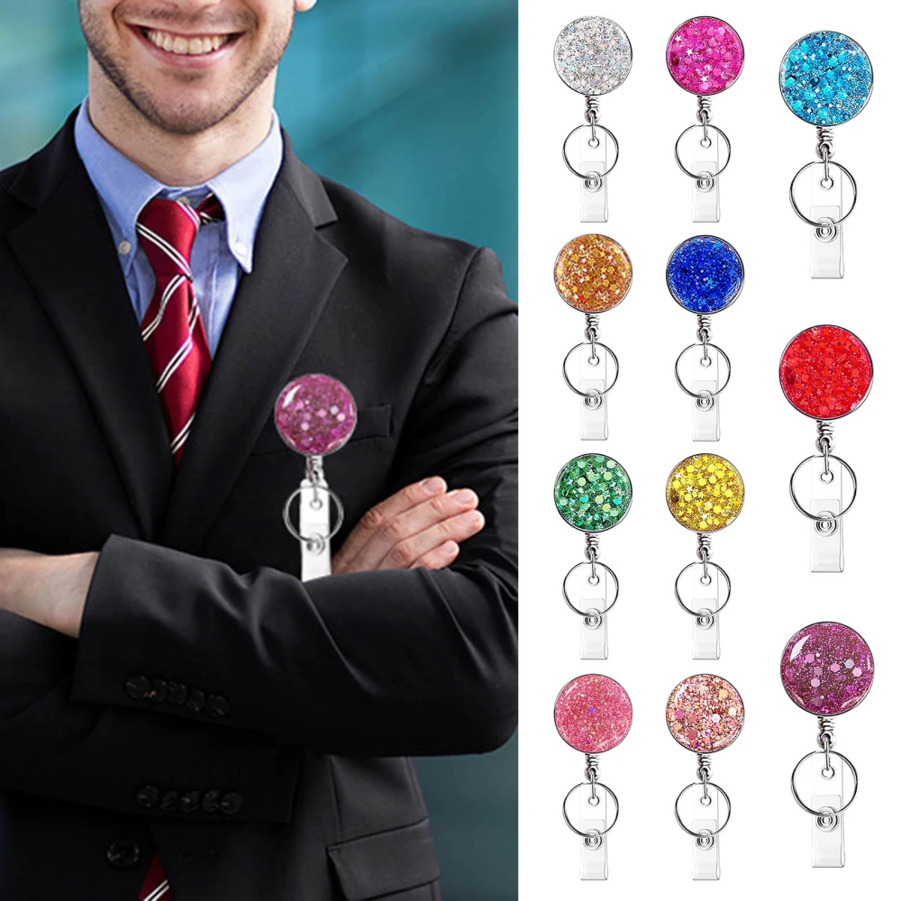 Nurse Badge Holder Clip Glitter Retractable Fixing Round Pull Name ID Card Reel Clip School Supplies