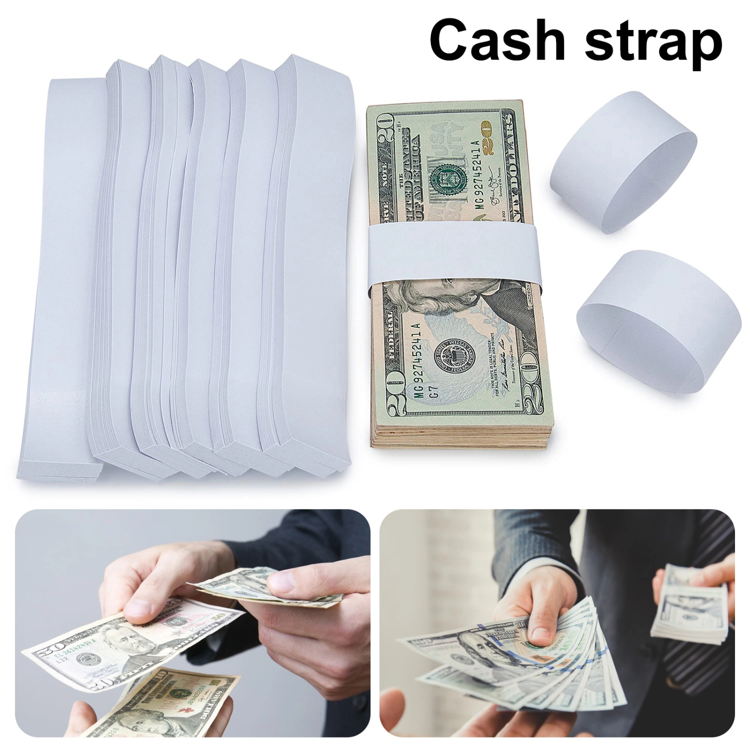 300Pcs Money Bands Bundles Self Sealing Professional Durable White Blank Paper Cash Straps Wrappers Supermarket Accountant Bank Supplies