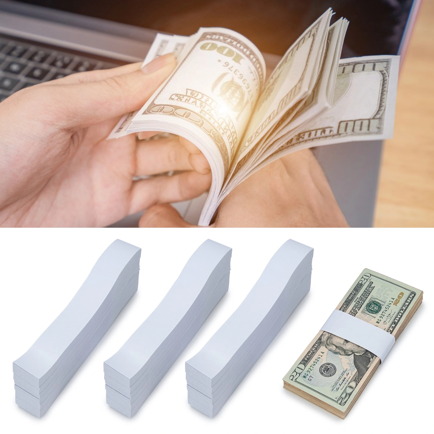 300Pcs Money Bands Bundles Self Sealing Professional Durable White Blank Paper Cash Straps Wrappers Supermarket Accountant Bank Supplies
