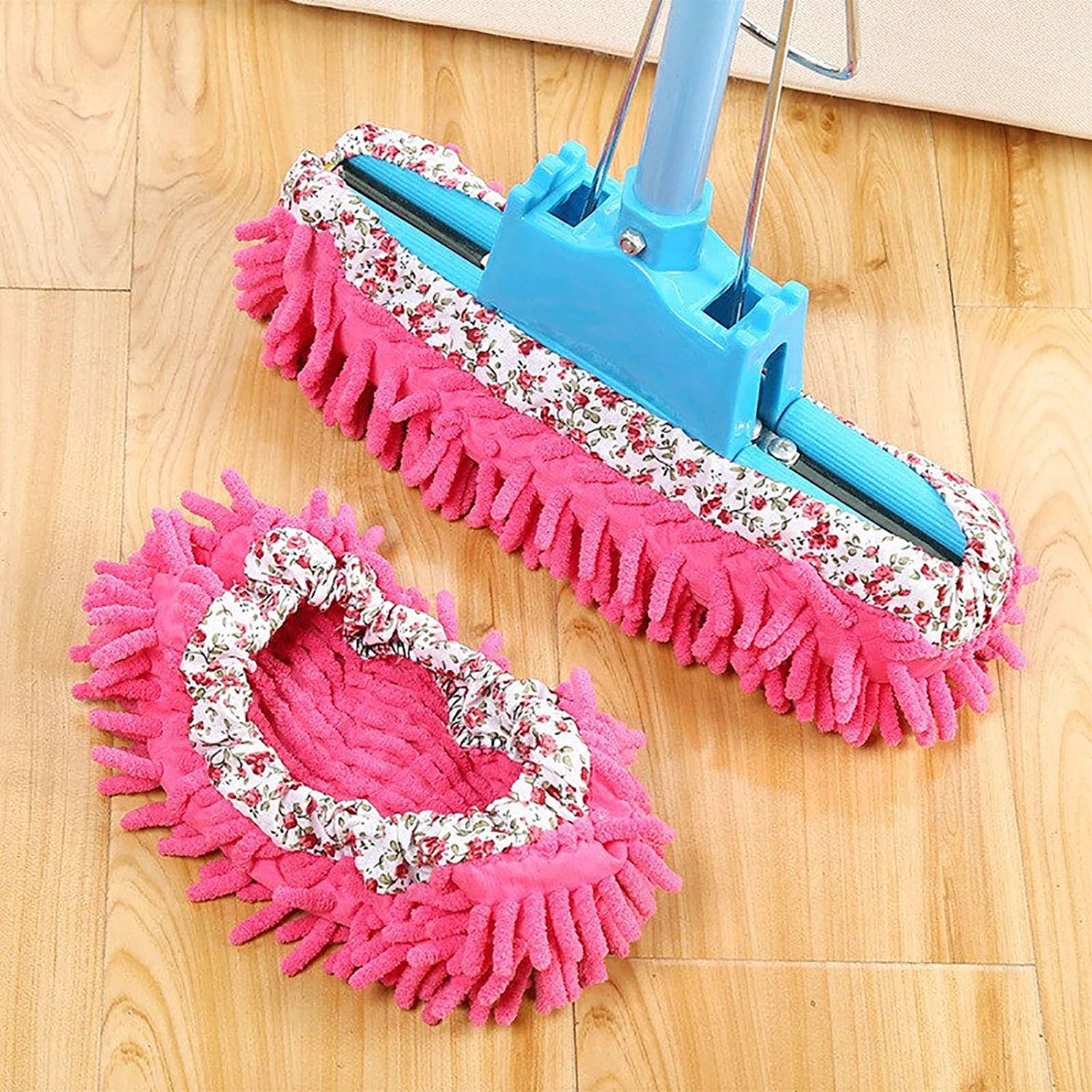 2Pcs Flower Design Home Kitchen Floor Dust Cleaning Slippers Mopping Shoes Cover