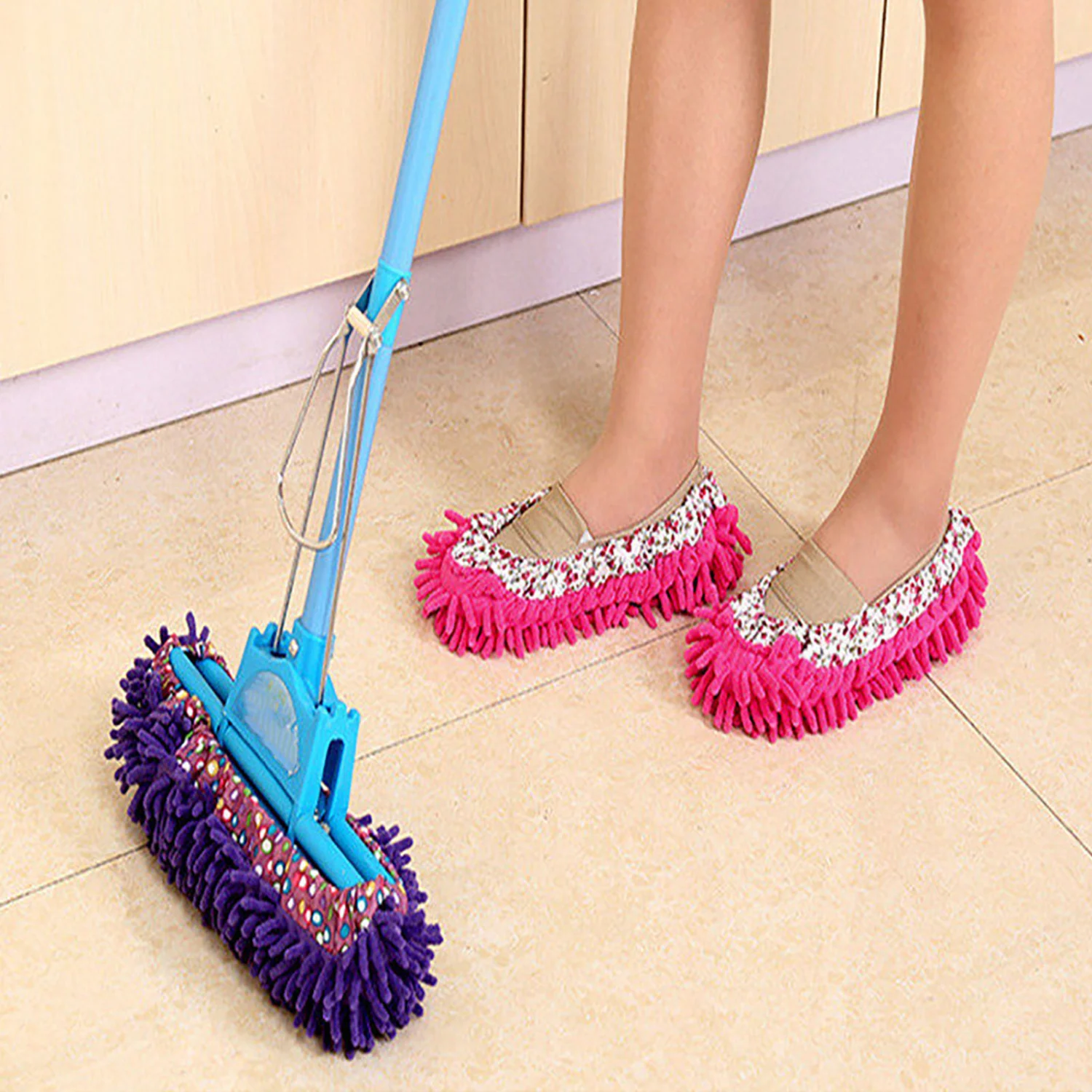 2Pcs Flower Design Home Kitchen Floor Dust Cleaning Slippers Mopping Shoes Cover