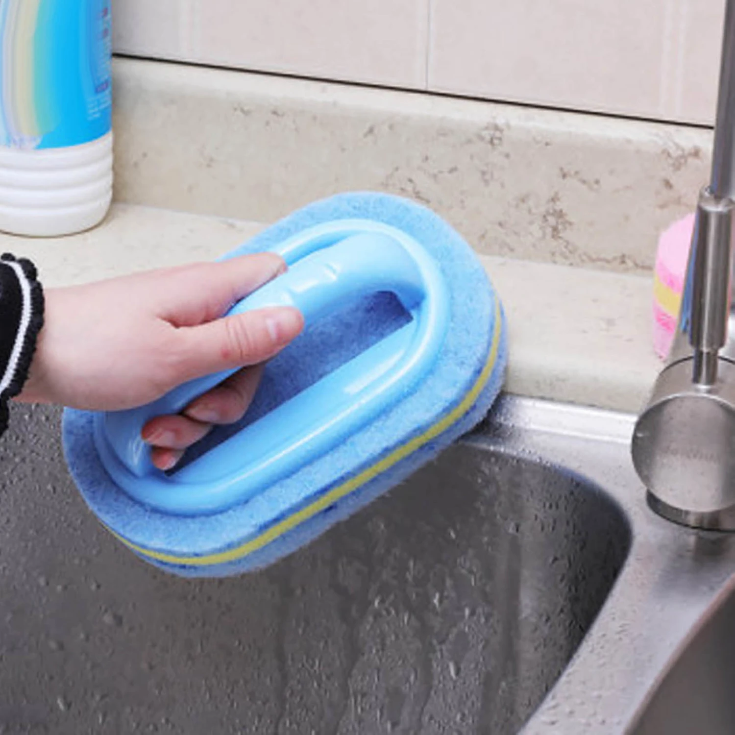 Cleaning Brush Handle Design Household Cleaning Supplies PP Ceramic Tile Sponge Scrubber for Kitchen