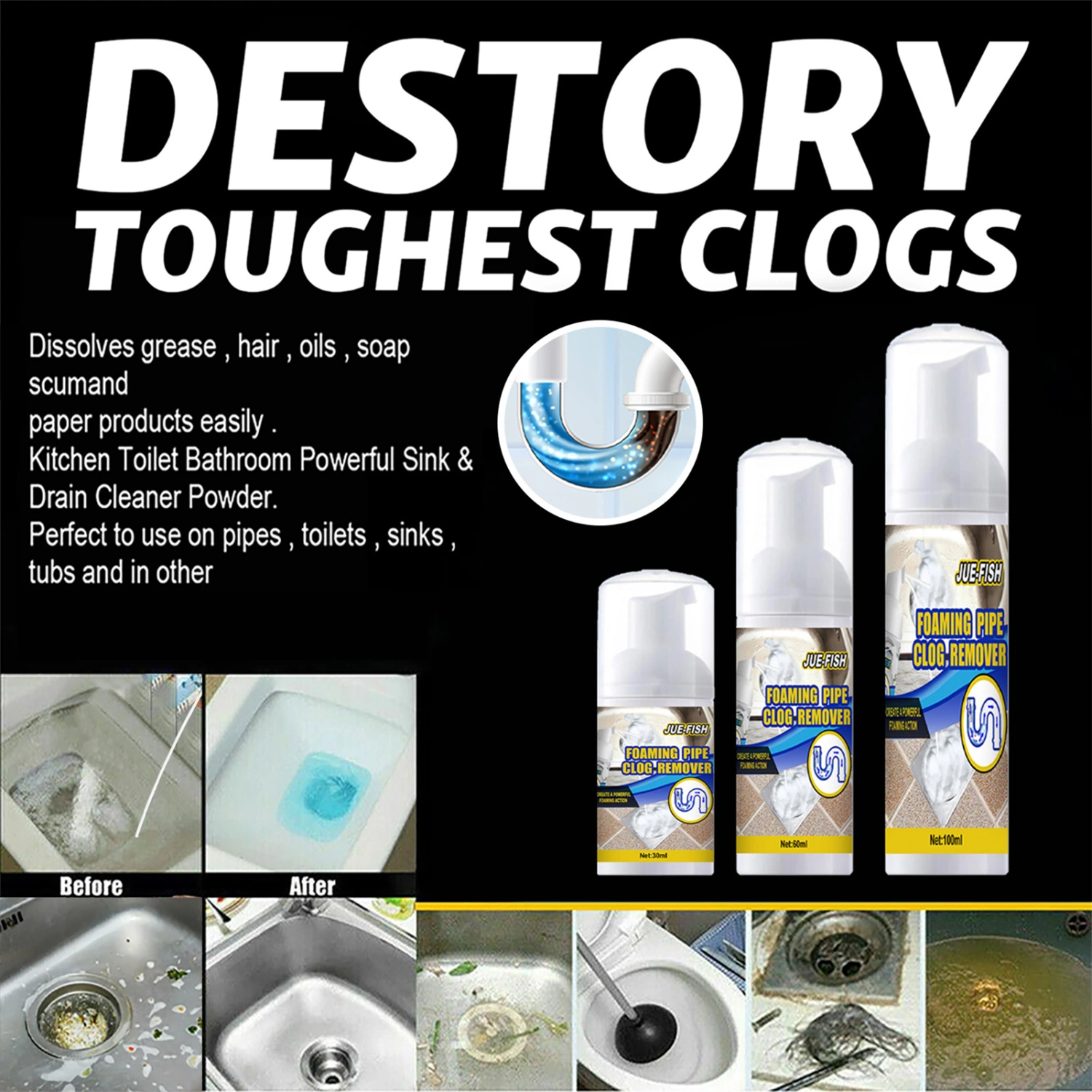 30ml/60ml/100ml Pipe Dredge Deodorant Effective Deep Cleaning Safe Drain Clog Remover Quick Foaming Cleaner for Shower