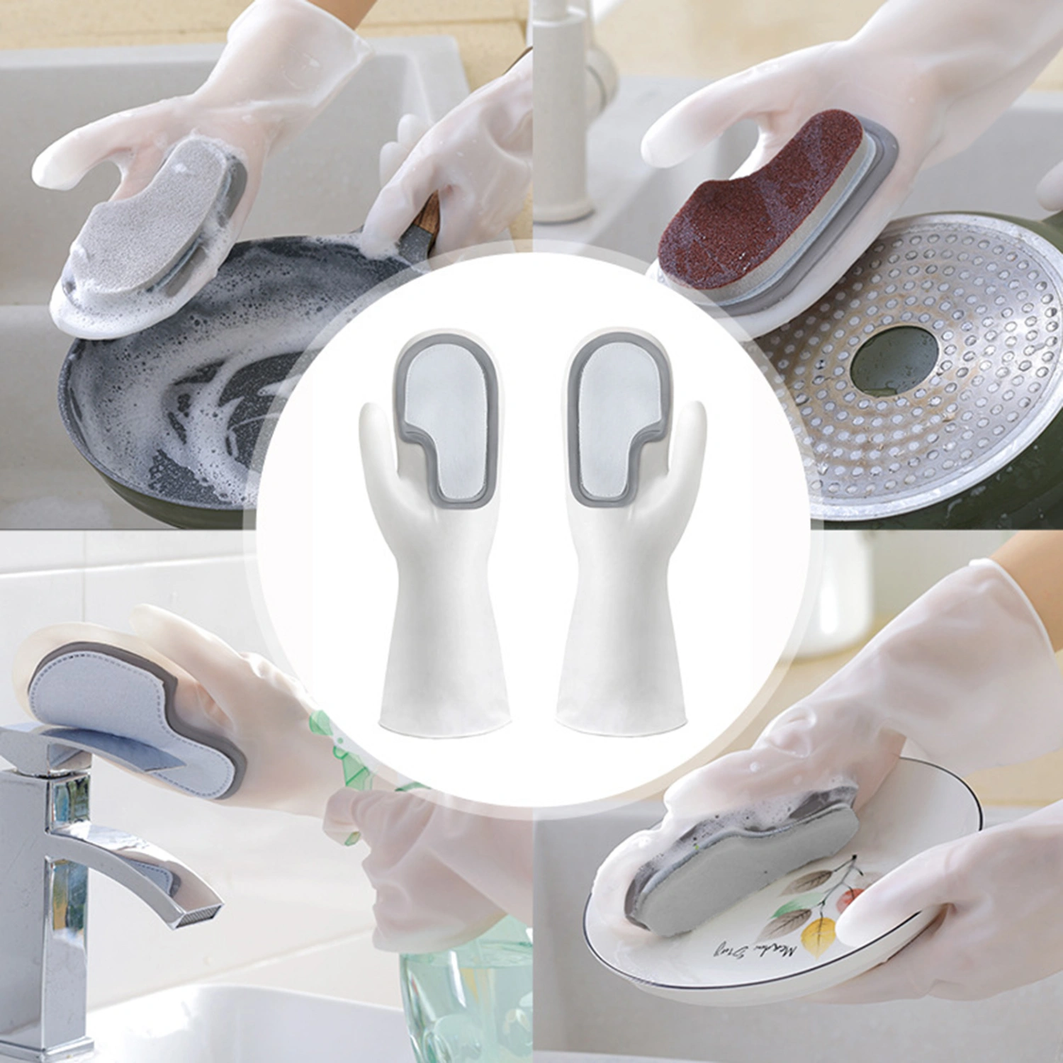 1 Set Kitchen Cleaning Gloves Rich Foaming Waterproof Multifunctional Removable Sponge Brush Remove Stain 2-in-1 Laundry Dishes Pot Washing Mitts Household Supplies