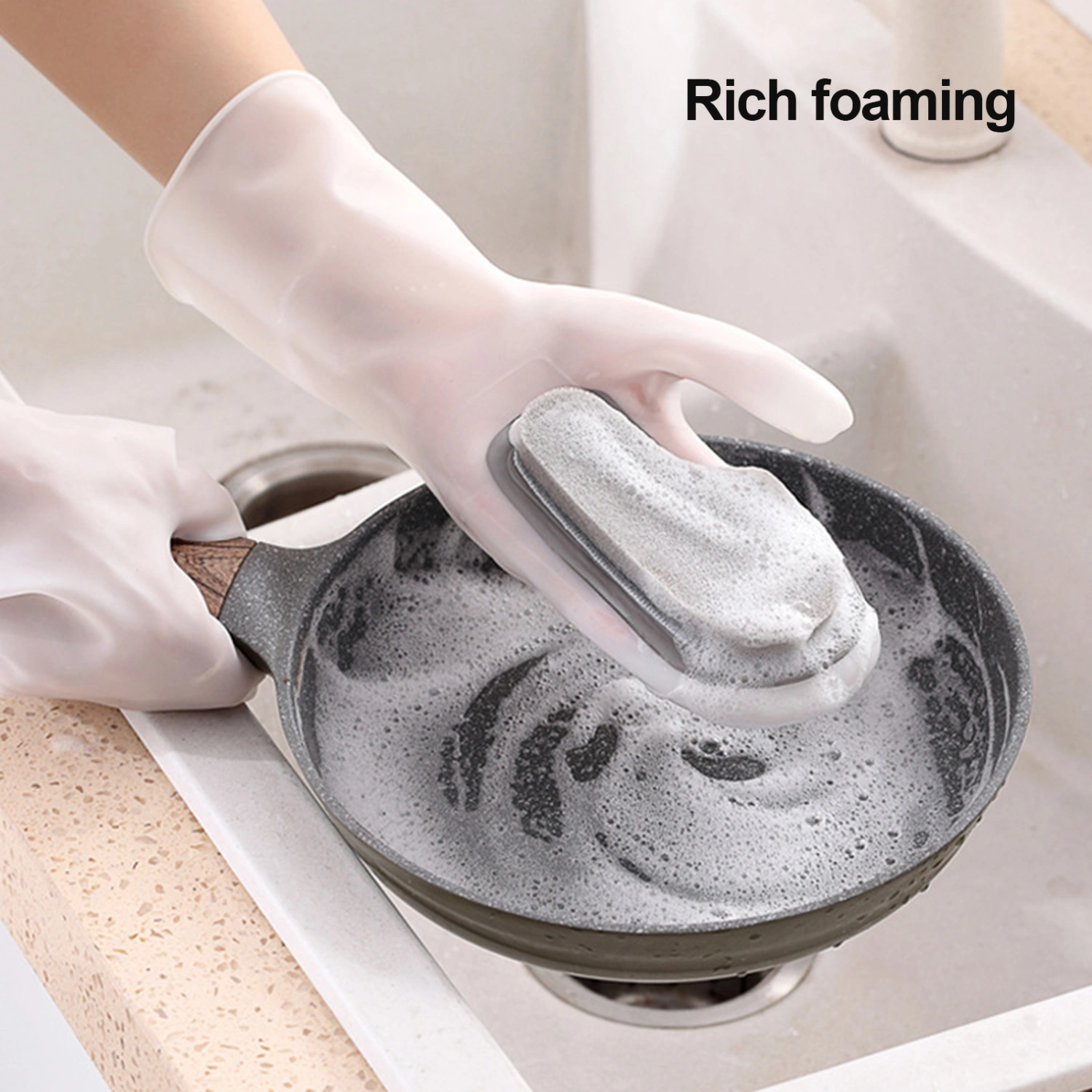 1 Set Kitchen Cleaning Gloves Rich Foaming Waterproof Multifunctional Removable Sponge Brush Remove Stain 2-in-1 Laundry Dishes Pot Washing Mitts Household Supplies