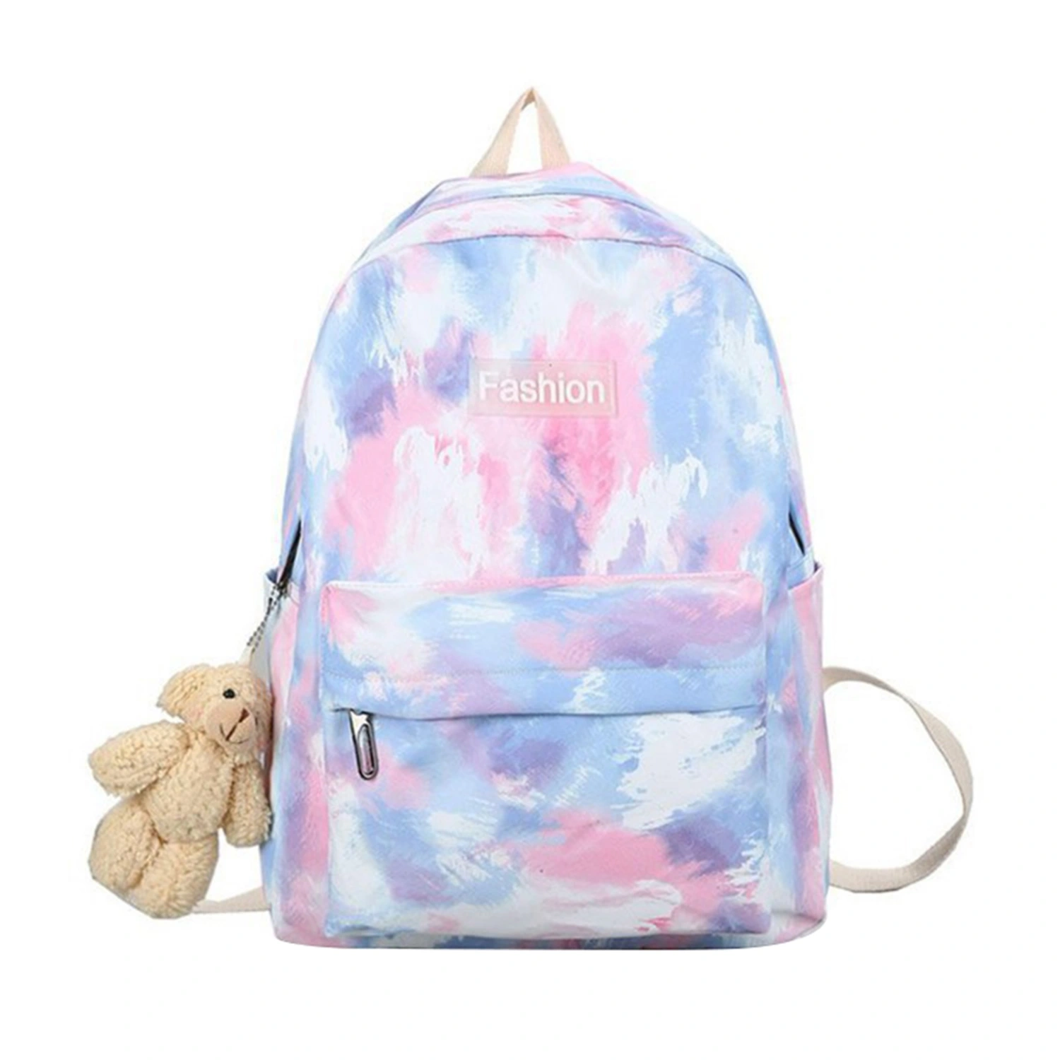 Women Cute Funny Backpack Personalized Gradient Tie Dye Lovely Campus Student Casual Knapsack School Bag with Plush Bear Pendant