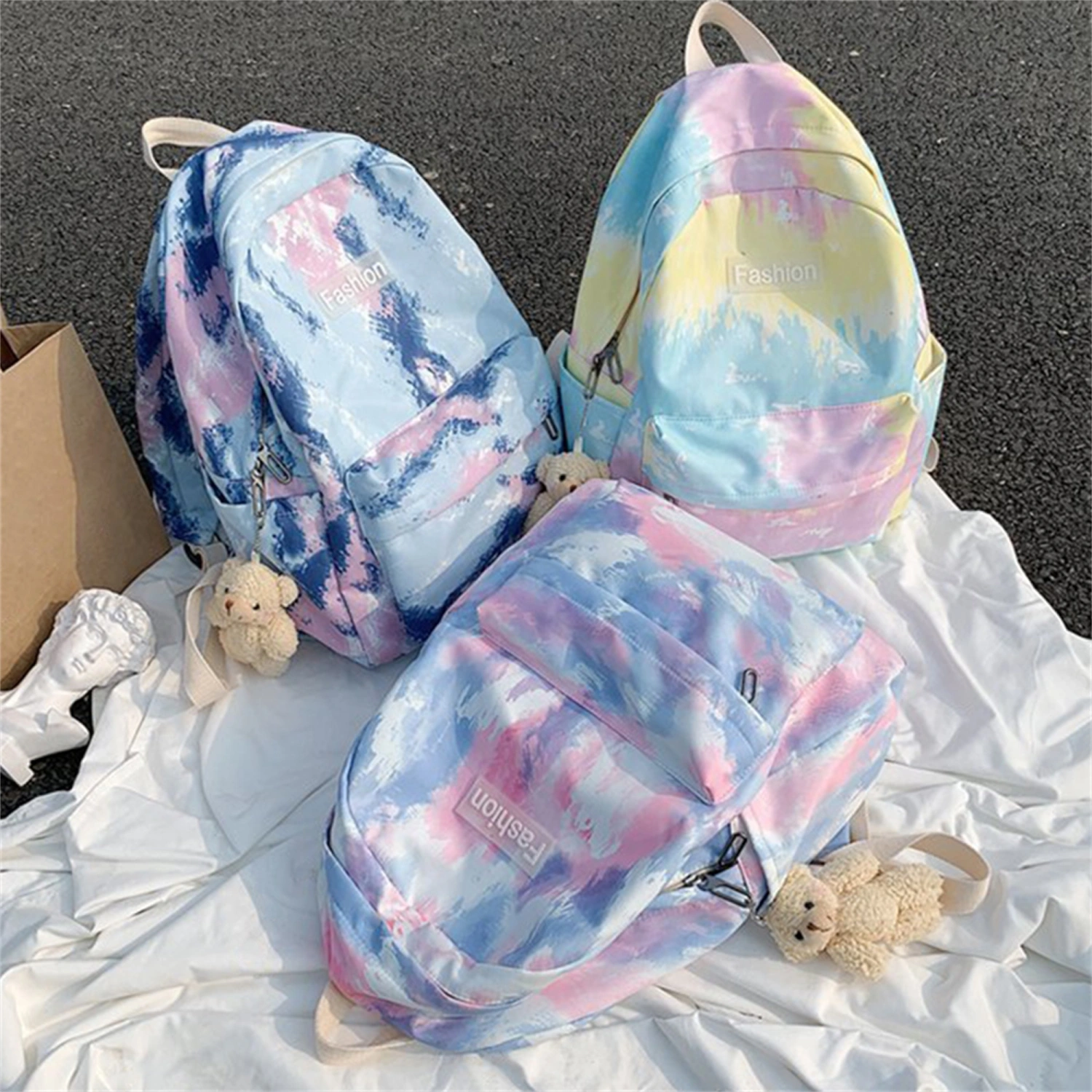 Women Cute Funny Backpack Personalized Gradient Tie Dye Lovely Campus Student Casual Knapsack School Bag with Plush Bear Pendant