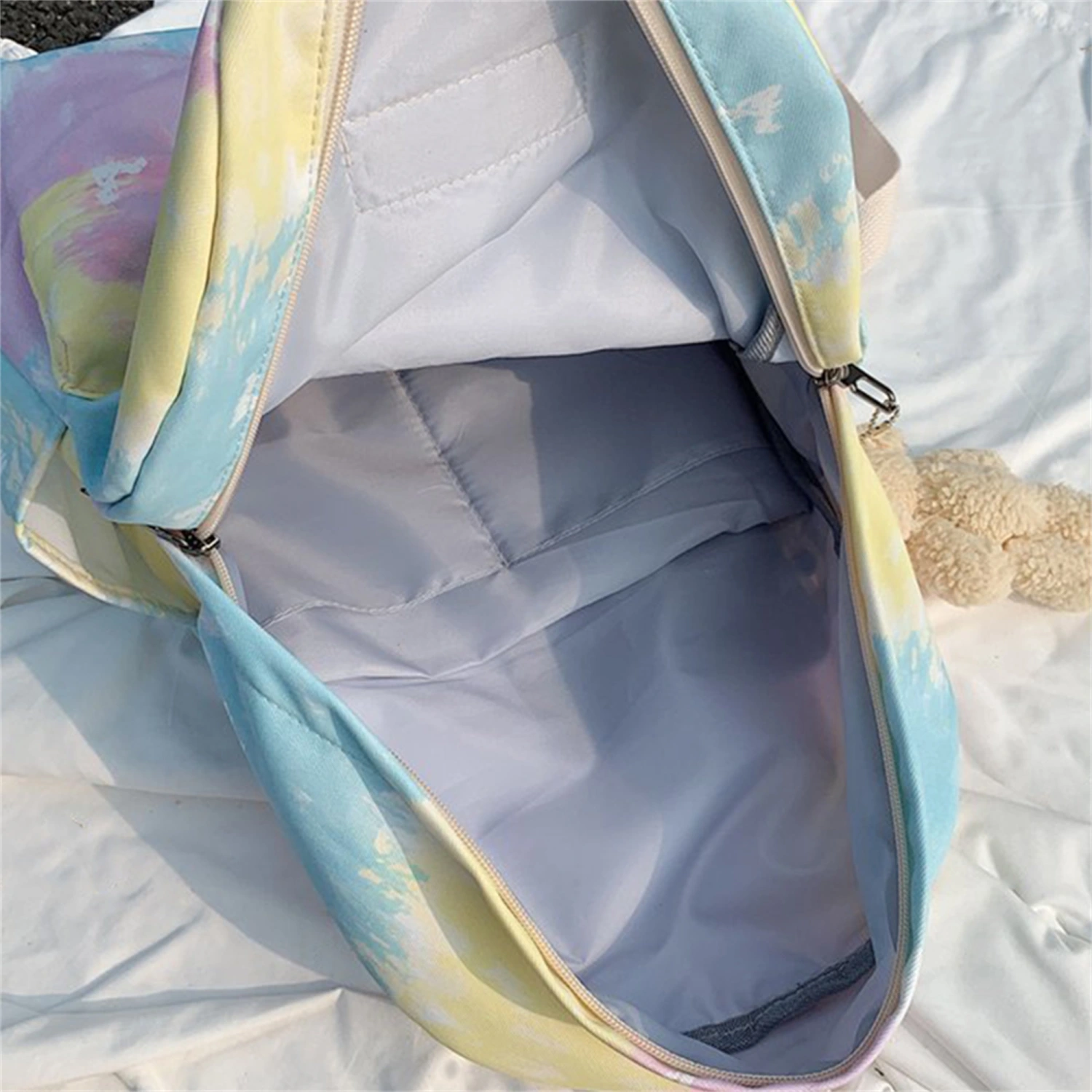 Women Cute Funny Backpack Personalized Gradient Tie Dye Lovely Campus Student Casual Knapsack School Bag with Plush Bear Pendant