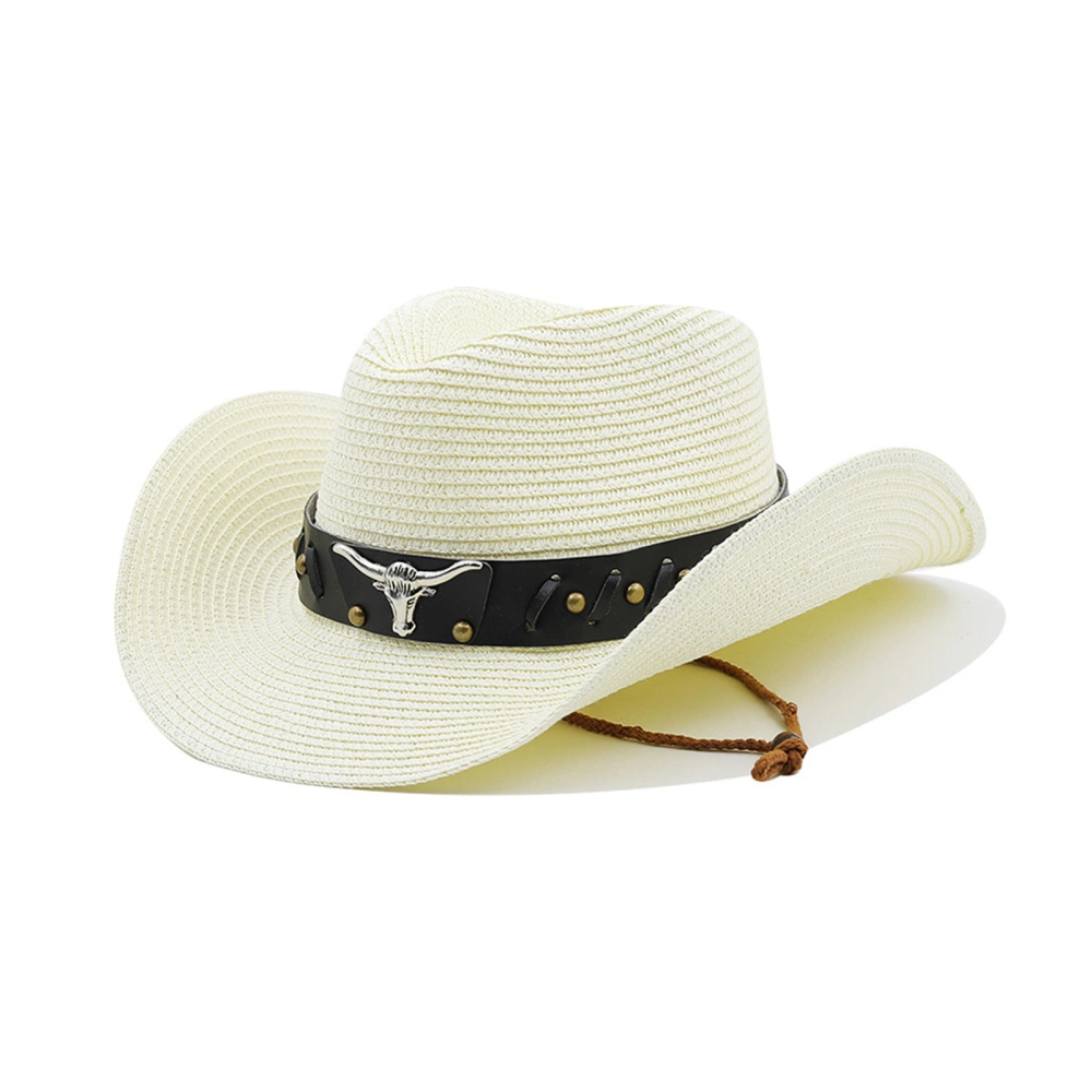 Women Men Cowboy Hat Cow Head Leather Belt Decor Wide Brim Western Cowgirl Hat Foldable National Style Straw Hat