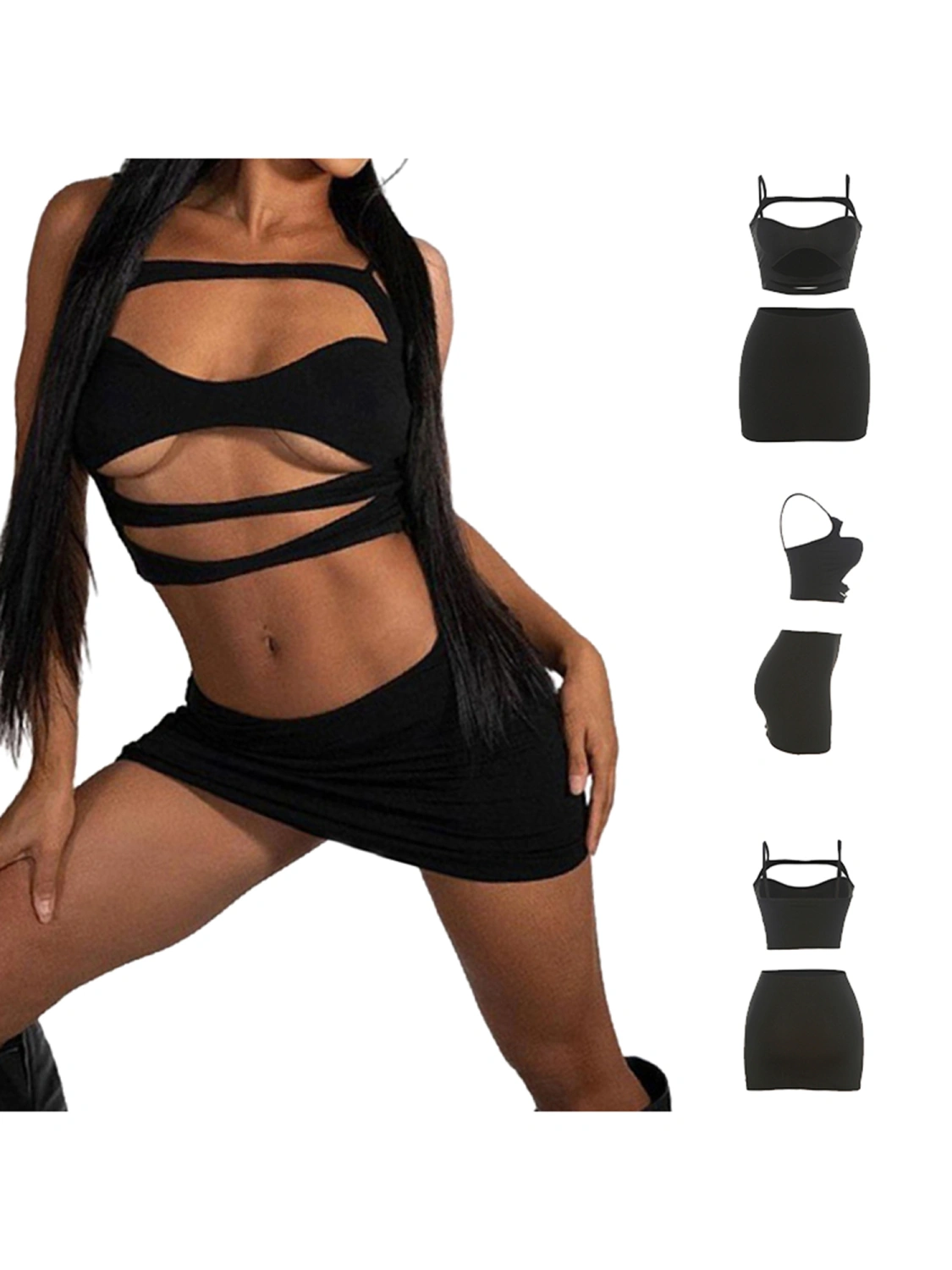Women 2 Piece Summer Outfits Cutout Camisole and Elastic Mini Skirt 