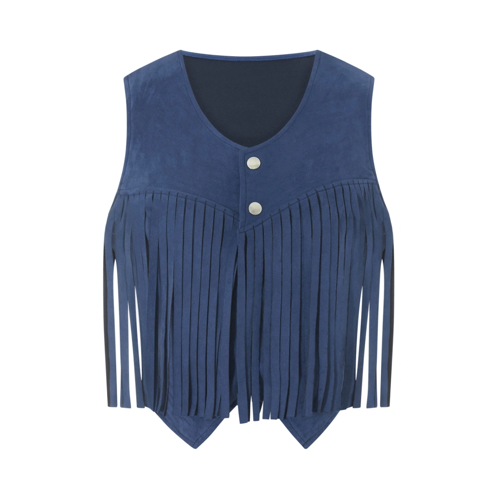 Women's Tassel Suede Vest Solid Color Front Button Sleeveless Hippie Crop Jacket Retro Waistcoat