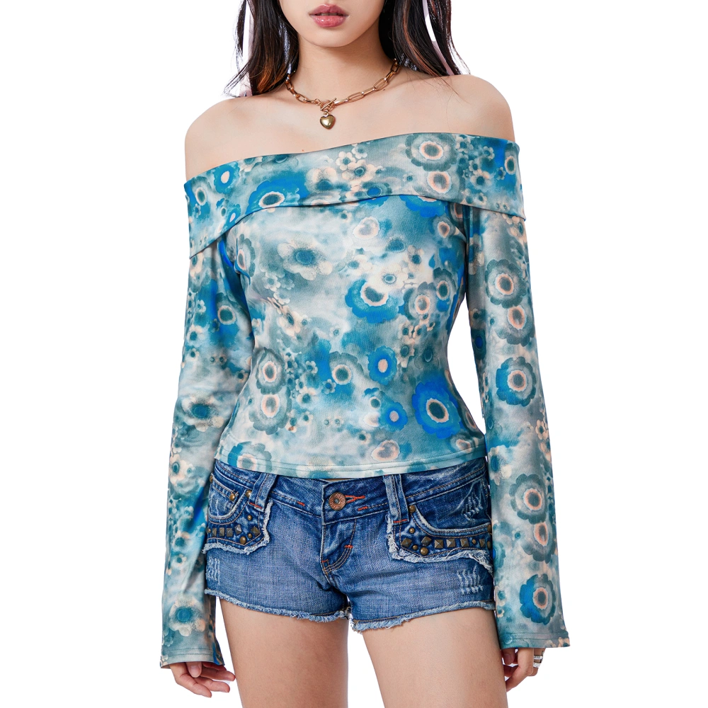 Women Off Shoulder Crop Tops Vintage Long Sleeve Floral Print Slim Fit T-Shirts Dressy Blouses