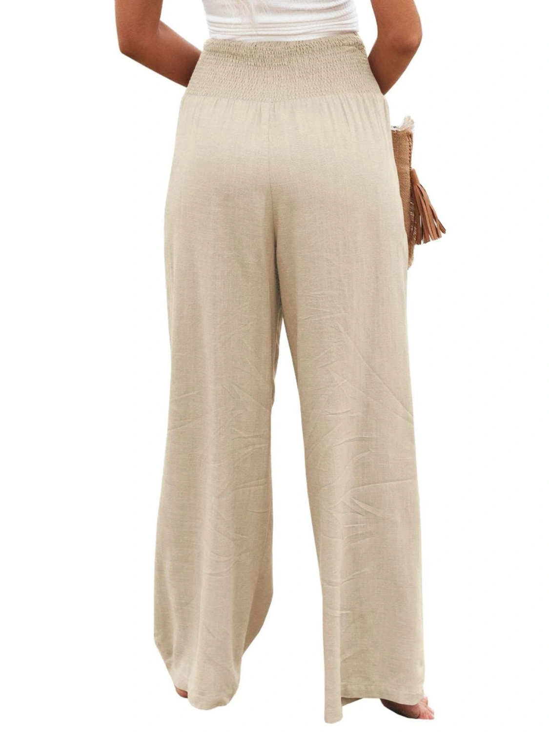 Women Wide-Leg Pants Solid Color Elastic High Waist Slit Loose Trousers Summer Casual Sweatpants Straight Bottoms